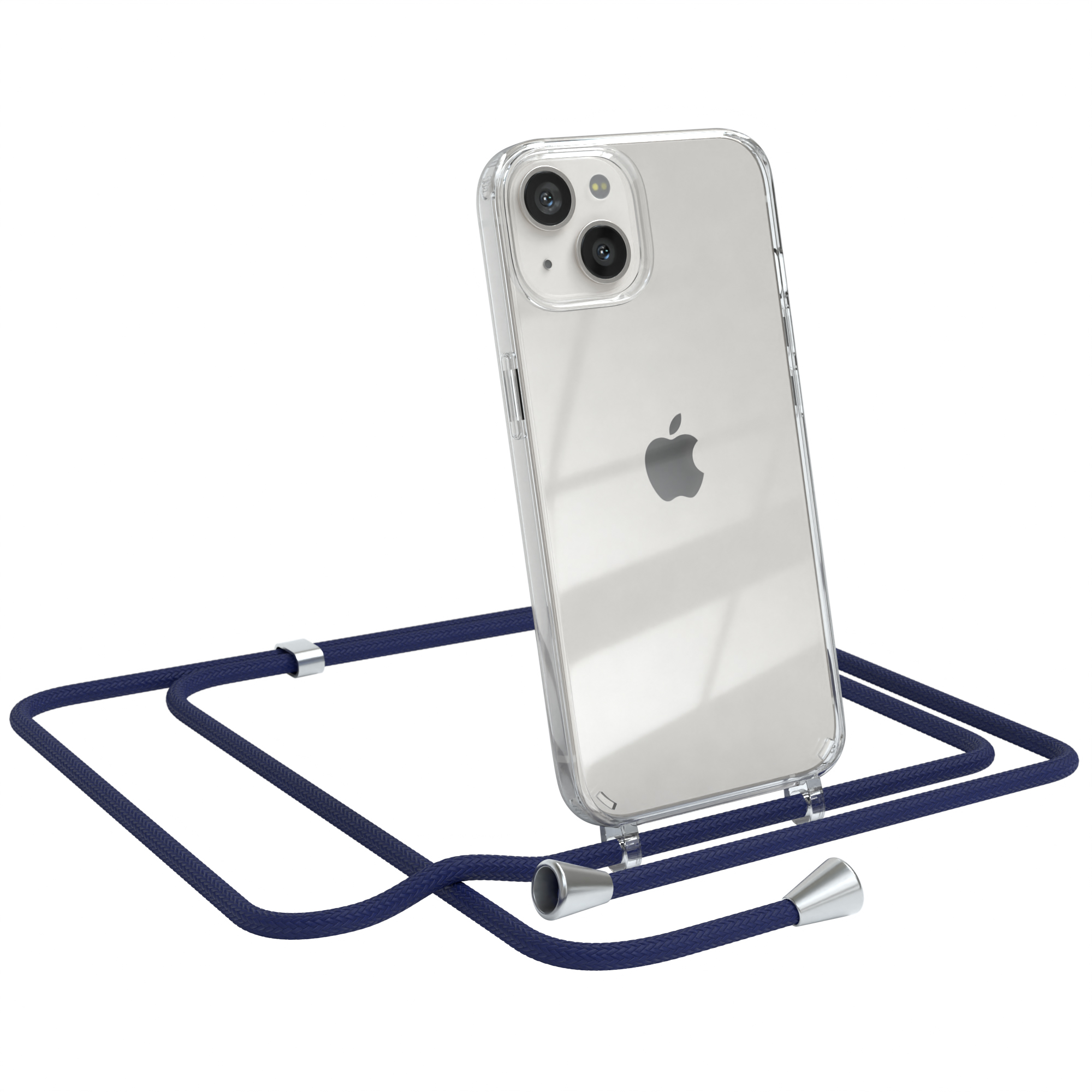 Transparente Handyhülle mit marineblauem Kordelband. Ein iPhone ist im Case.