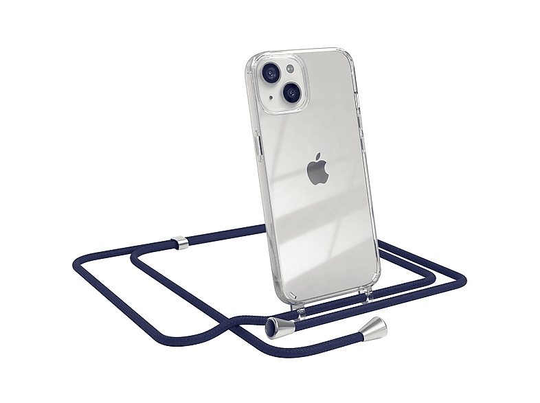 EAZY CASE Clear Cover mit Umhängeband, Umhängetasche, Apple, iPhone 13, Blau / Clips Silber
