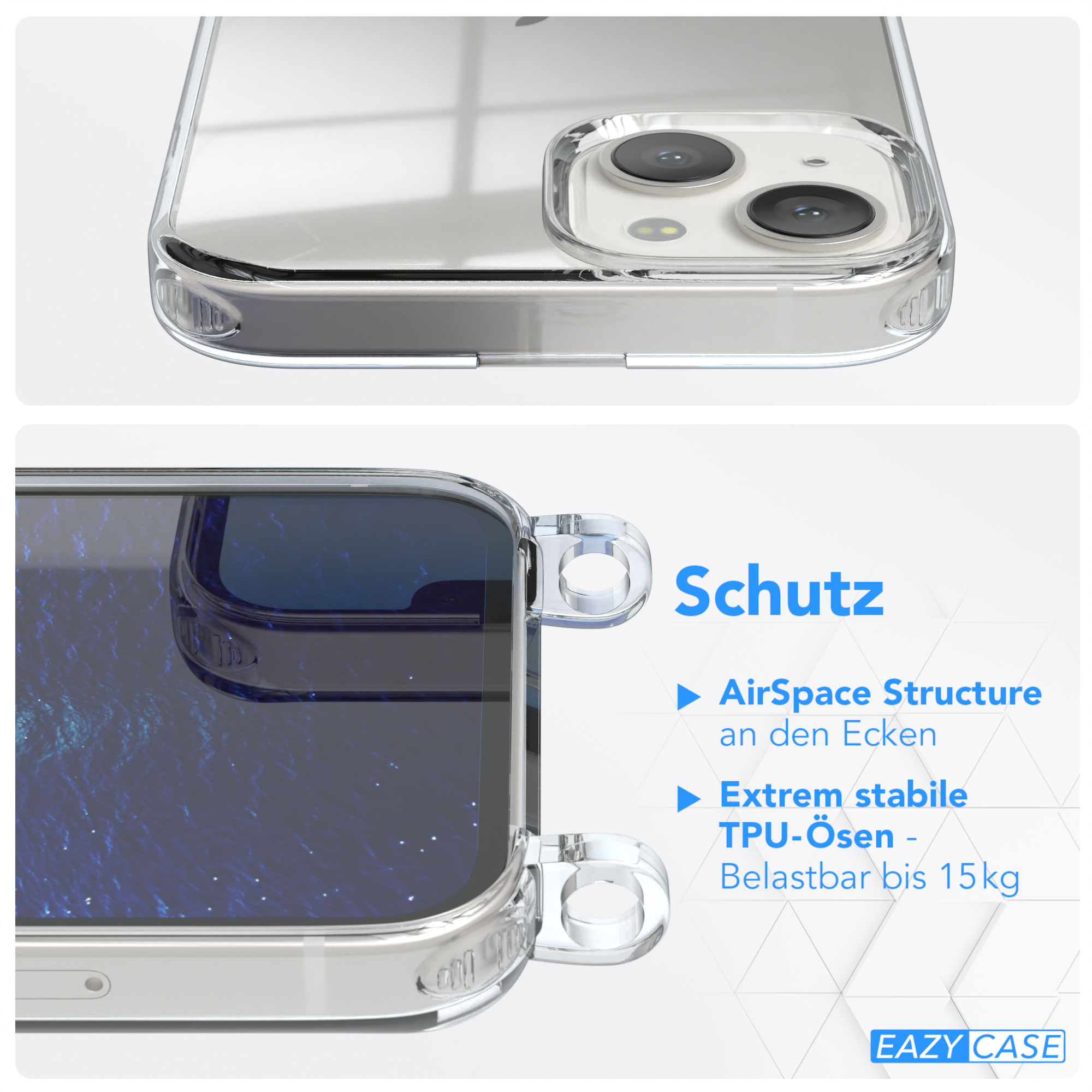 Clips Silber mit Umhängetasche, EAZY CASE iPhone Cover Apple, Umhängeband, 13, / Blau Clear