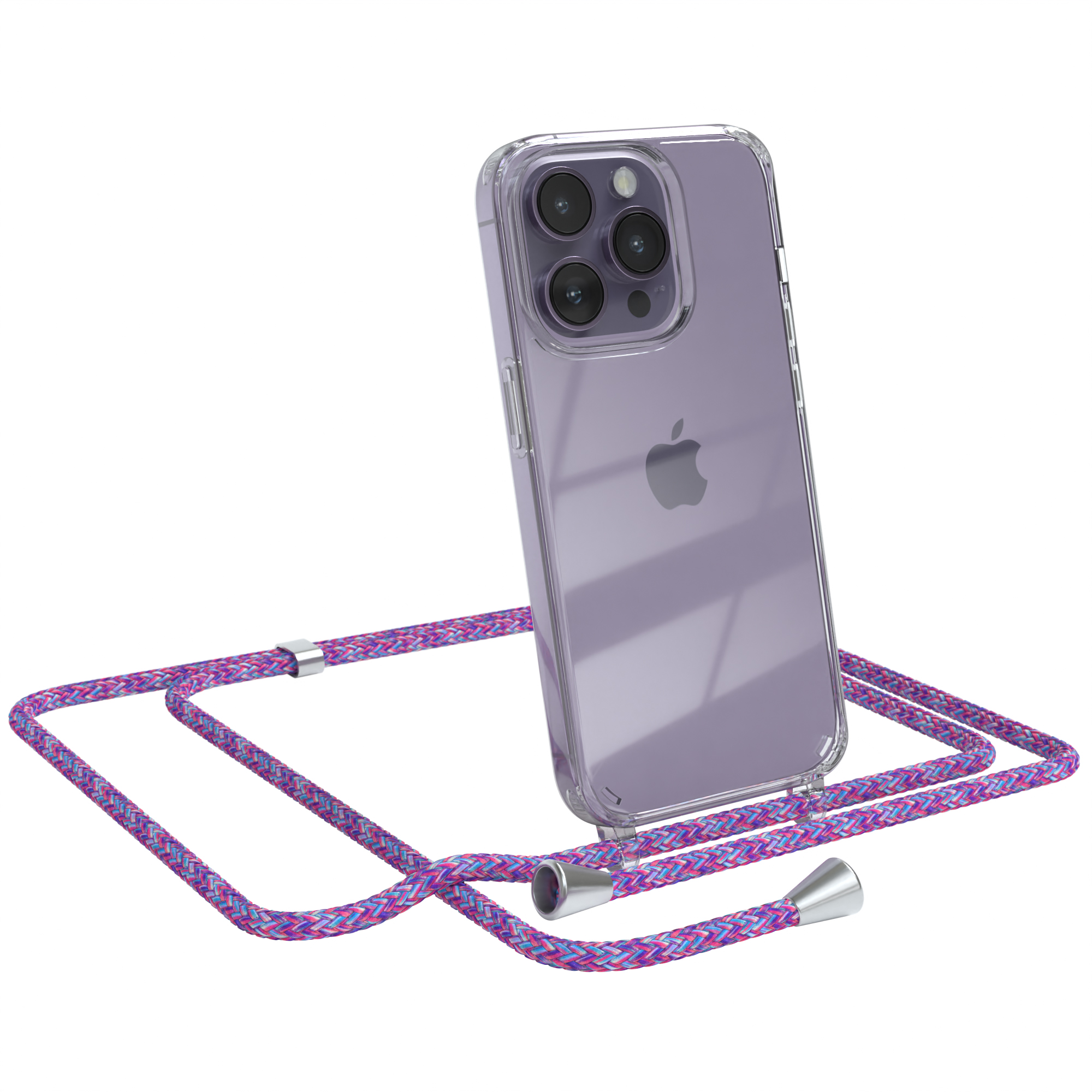 Ein Telefon in einer durchsichtigen Hülle mit einem rosa Lanyard. Das Telefon ist abgewinkelt.