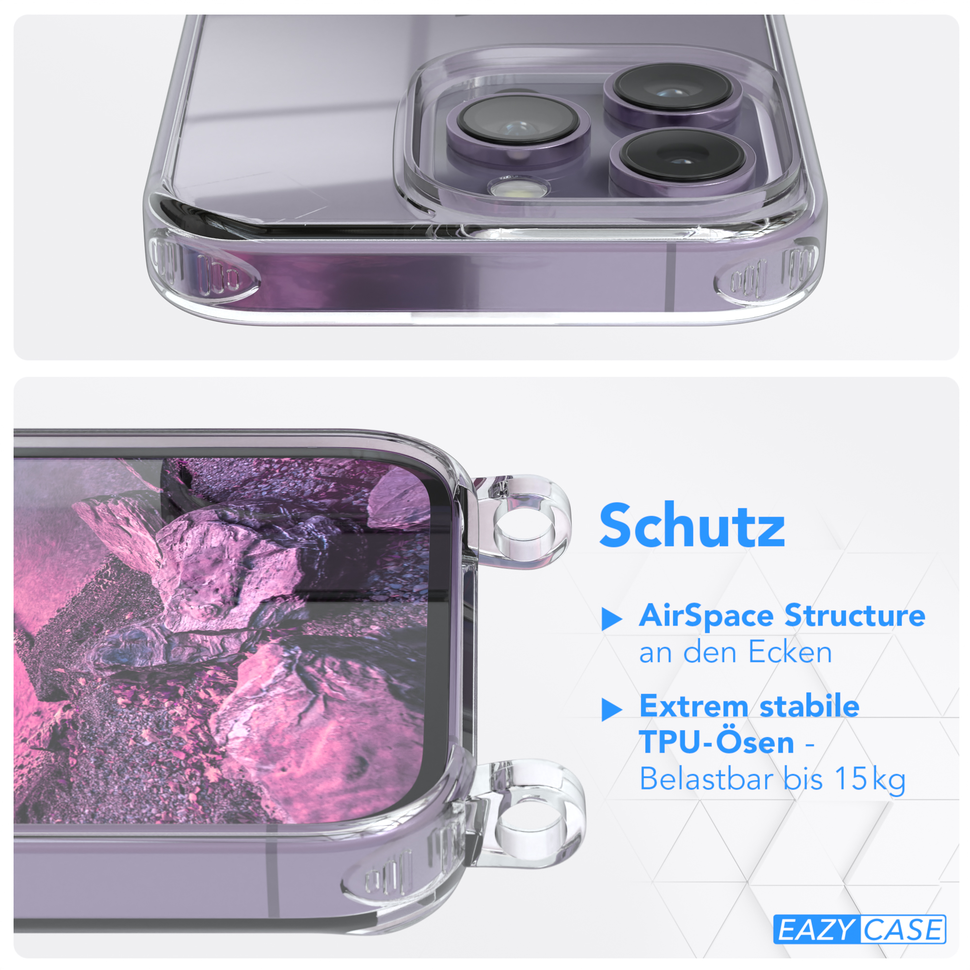EAZY CASE iPhone Pro, Silber Clear mit Apple, / 14 Umhängetasche, Cover Umhängeband, Lila Clips