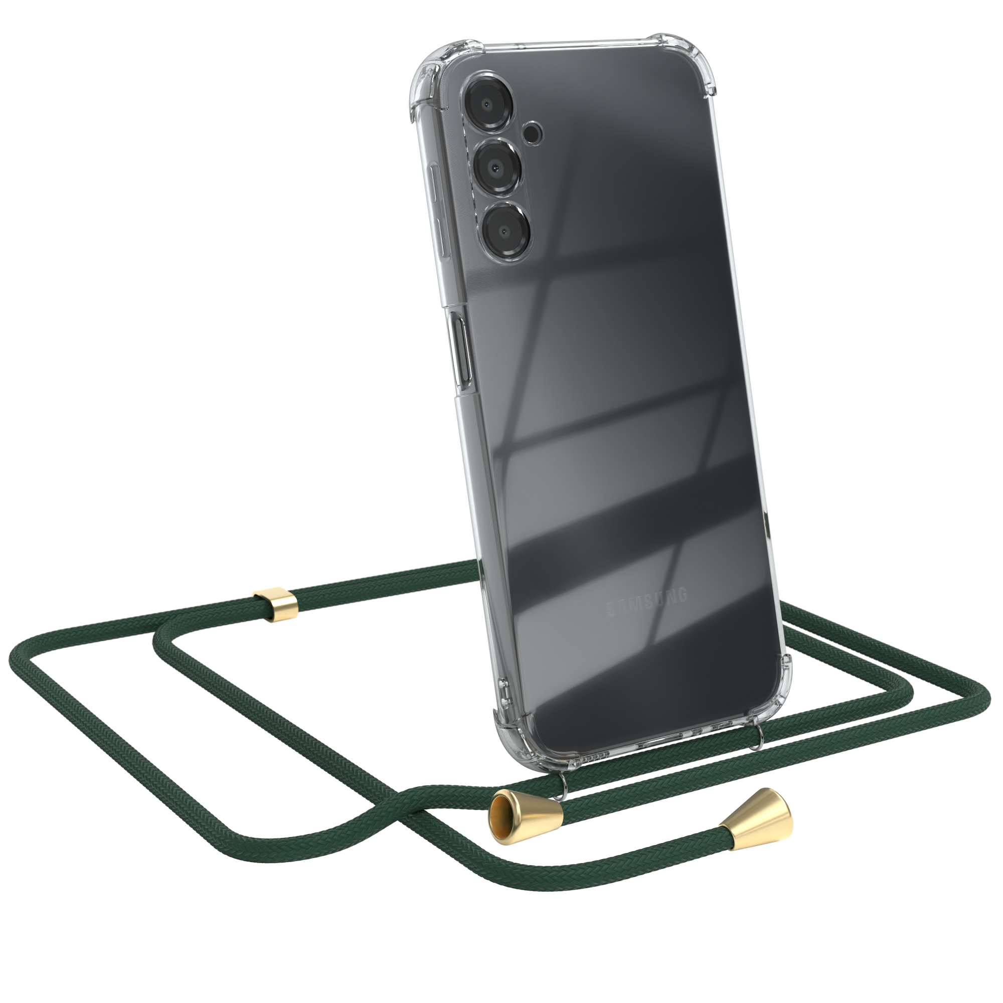 Transparente Handyhülle mit grünem Band. Ein Samsung-Logo ist sichtbar.