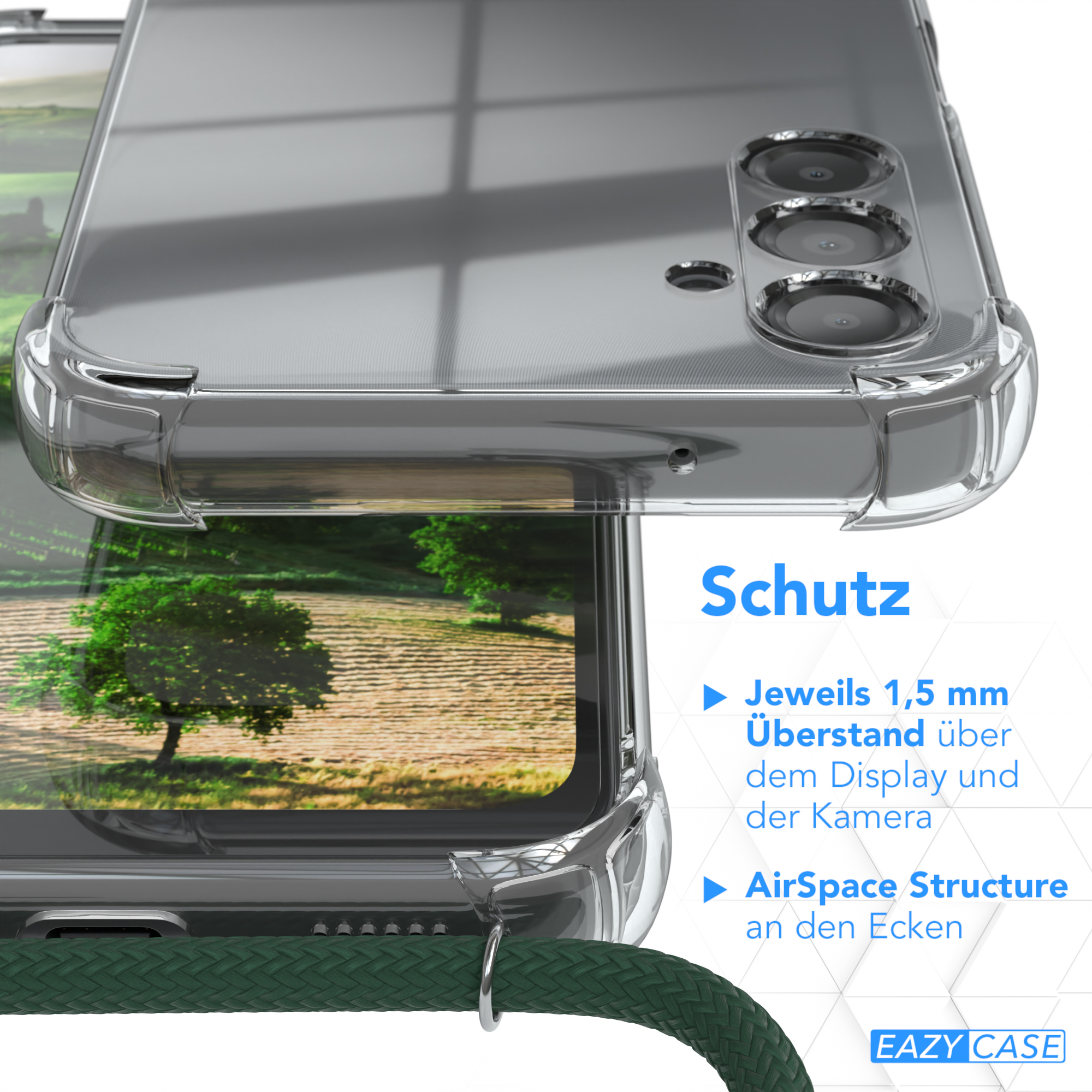 Klare Handyhülle mit grünem Band. Text: Schutz, 1,5 mm über Display, AirSpace Structure.