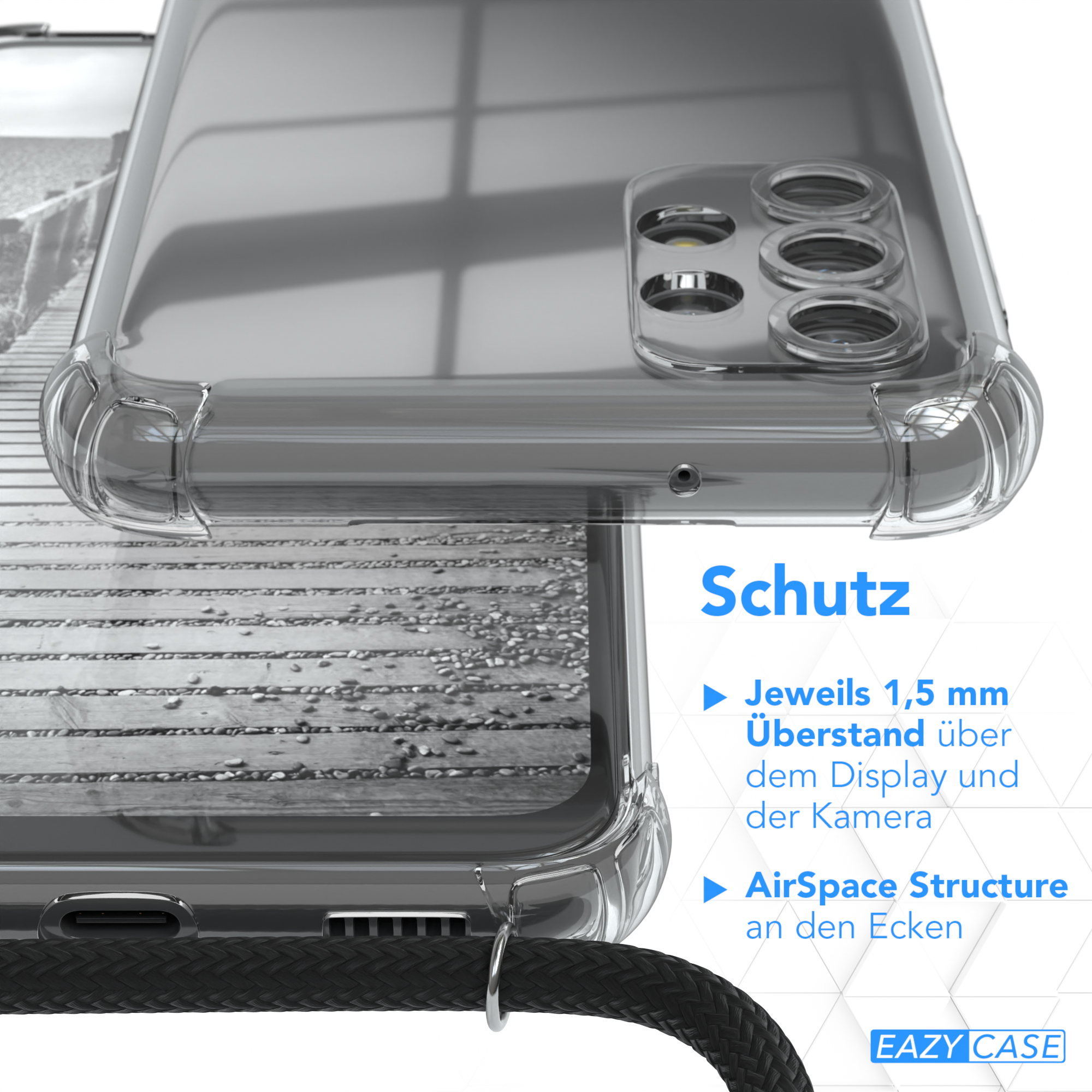 Transparente Handyhülle mit Telefon und Lanyard. Nahaufnahmedetails der Hülle.