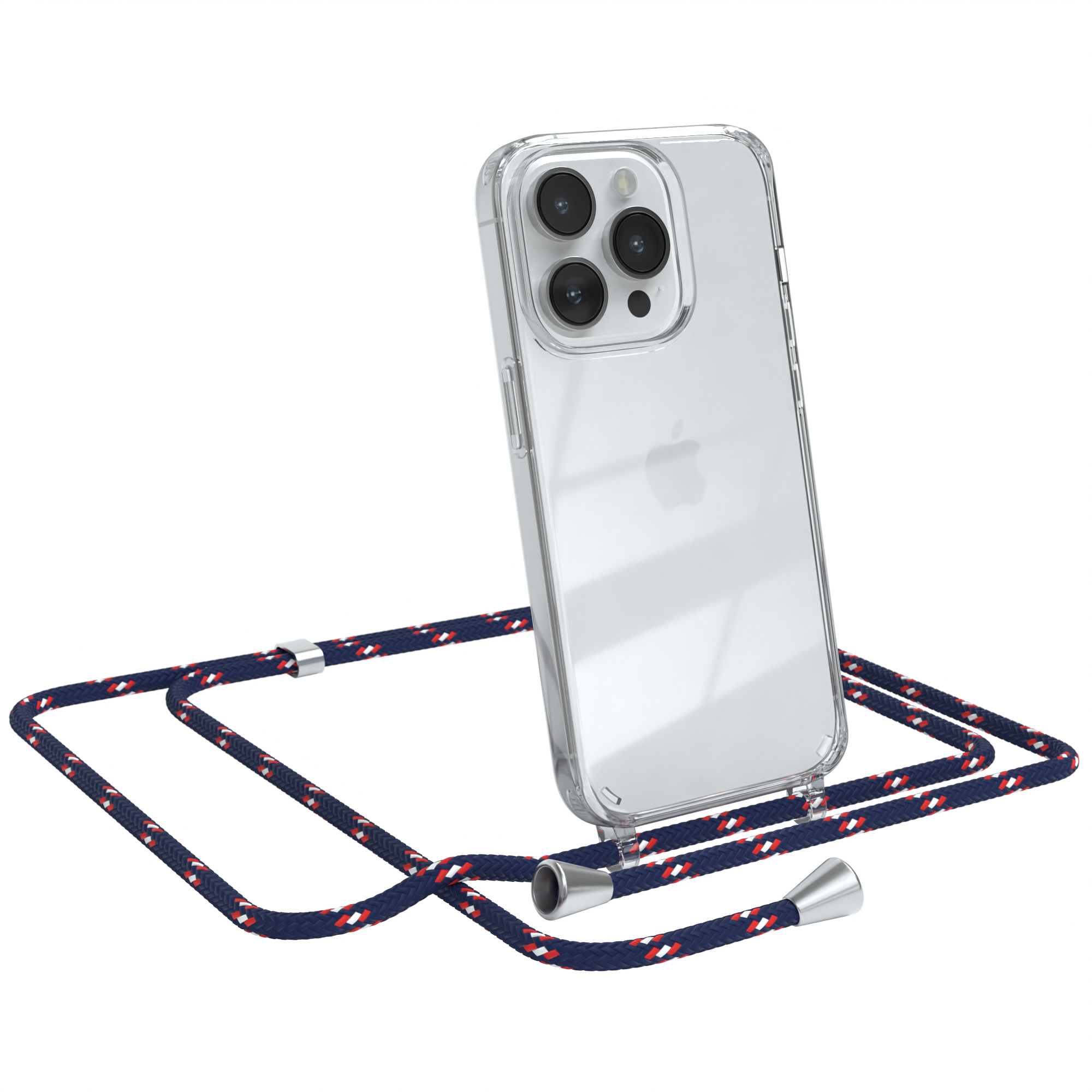 Transparente Handyhülle mit marineblau-rotem Lanyard. Apple iPhone mit sichtbaren Kameras.