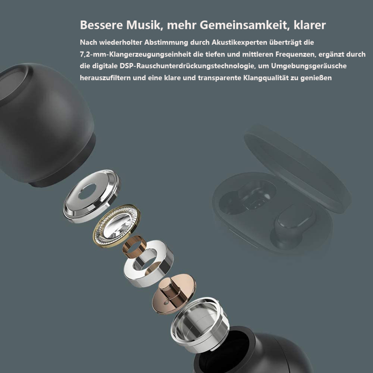Explosionszeichnung der Kopfhörerkomponenten mit deutschem Text: Bessere Musik, mehr Gemeinschaft, klarerer Klang.
