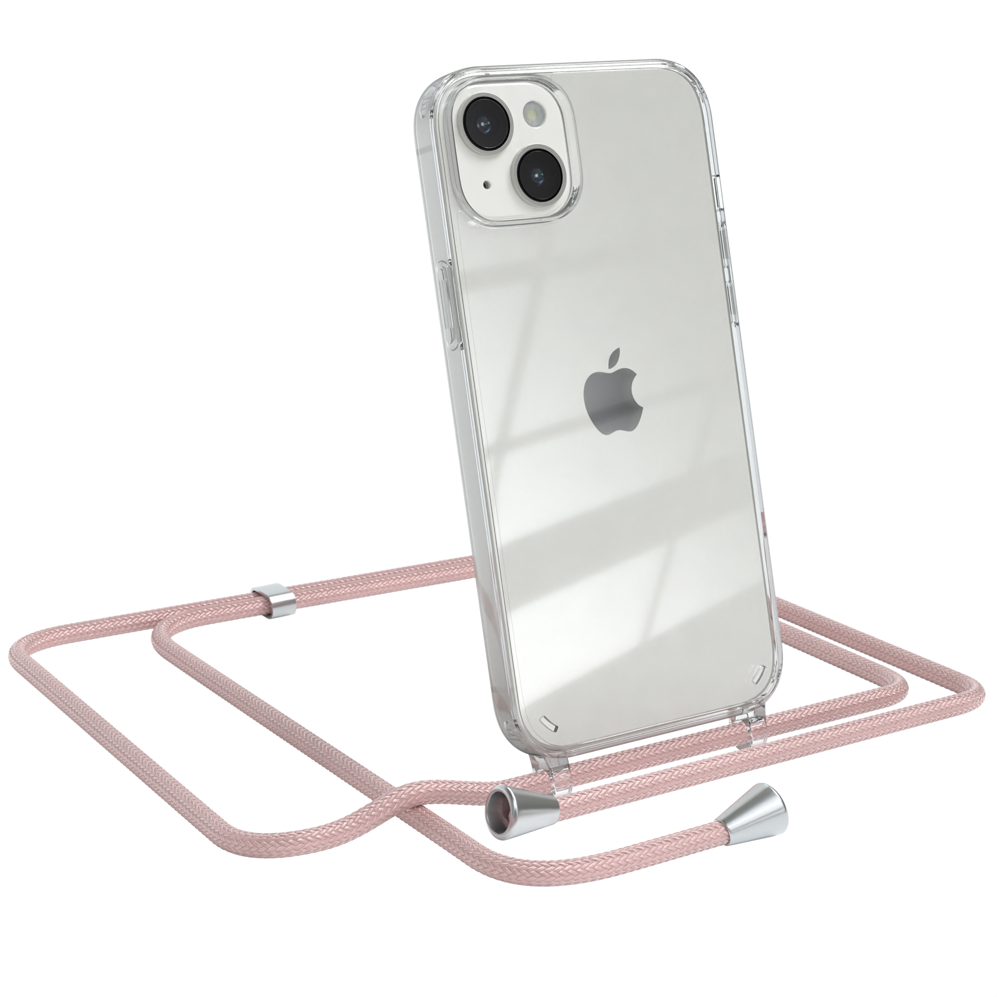 EAZY CASE Clear Cover mit Clips Umhängeband, Plus, Rosé Umhängetasche, Apple, iPhone Silber / 14