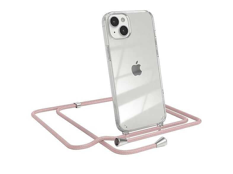 EAZY CASE Clear Cover mit Umhängeband, Umhängetasche, Apple, iPhone 14 Plus, Rosé / Clips Silber
