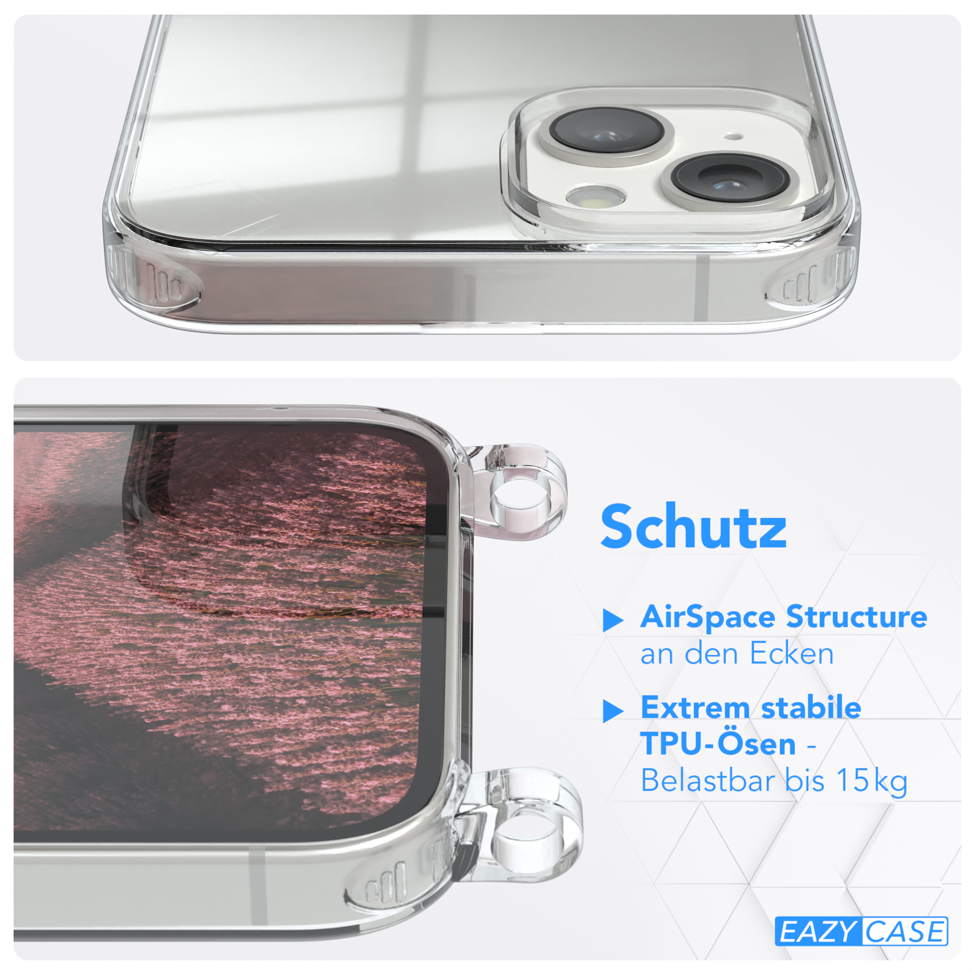 EAZY CASE Clear Cover mit Clips Umhängeband, Plus, Rosé Umhängetasche, Apple, iPhone Silber / 14