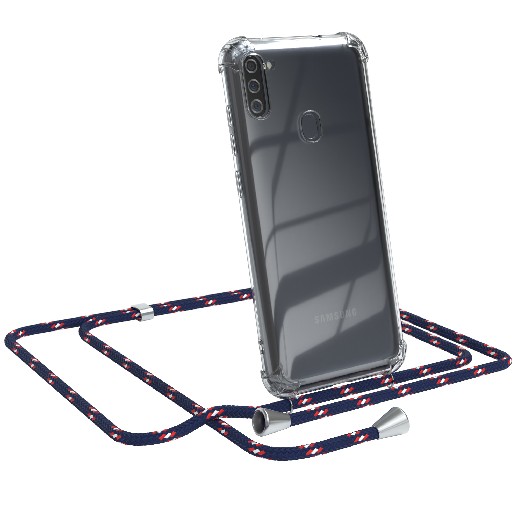 Eine transparente Handyhülle mit marineblauem und rotem Lanyard. Das Telefon ist ein Samsung-Modell.