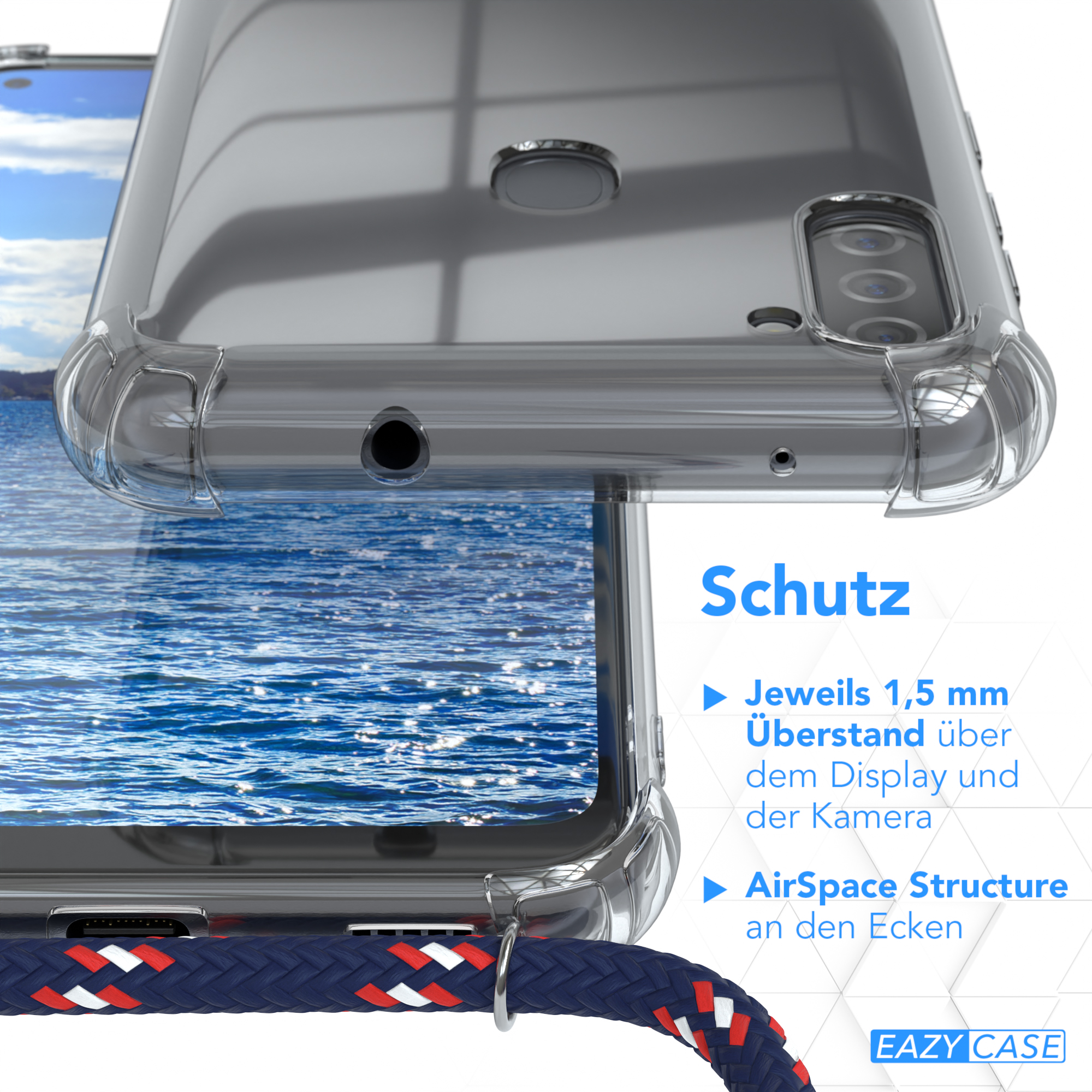 Telefon mit klarer Hülle, blauem Schlüsselband und Text über Display- und Kameraschutz.