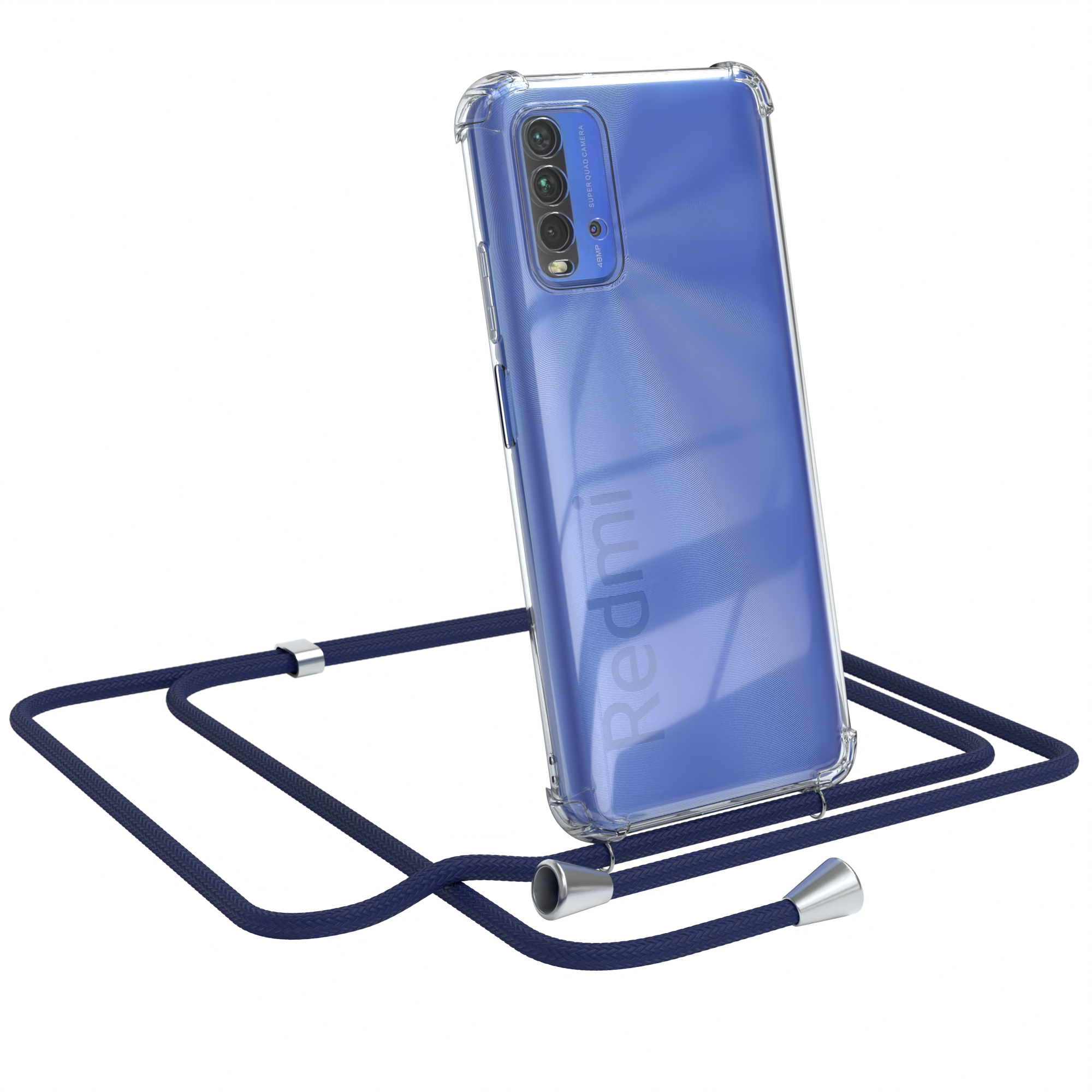 Transparente Handyhülle mit einem blauen Lanyard.