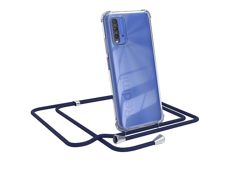EAZY CASE Clear Cover mit Umhängeband, Umhängetasche, Xiaomi, Redmi 9T, Blau / Clips Silber