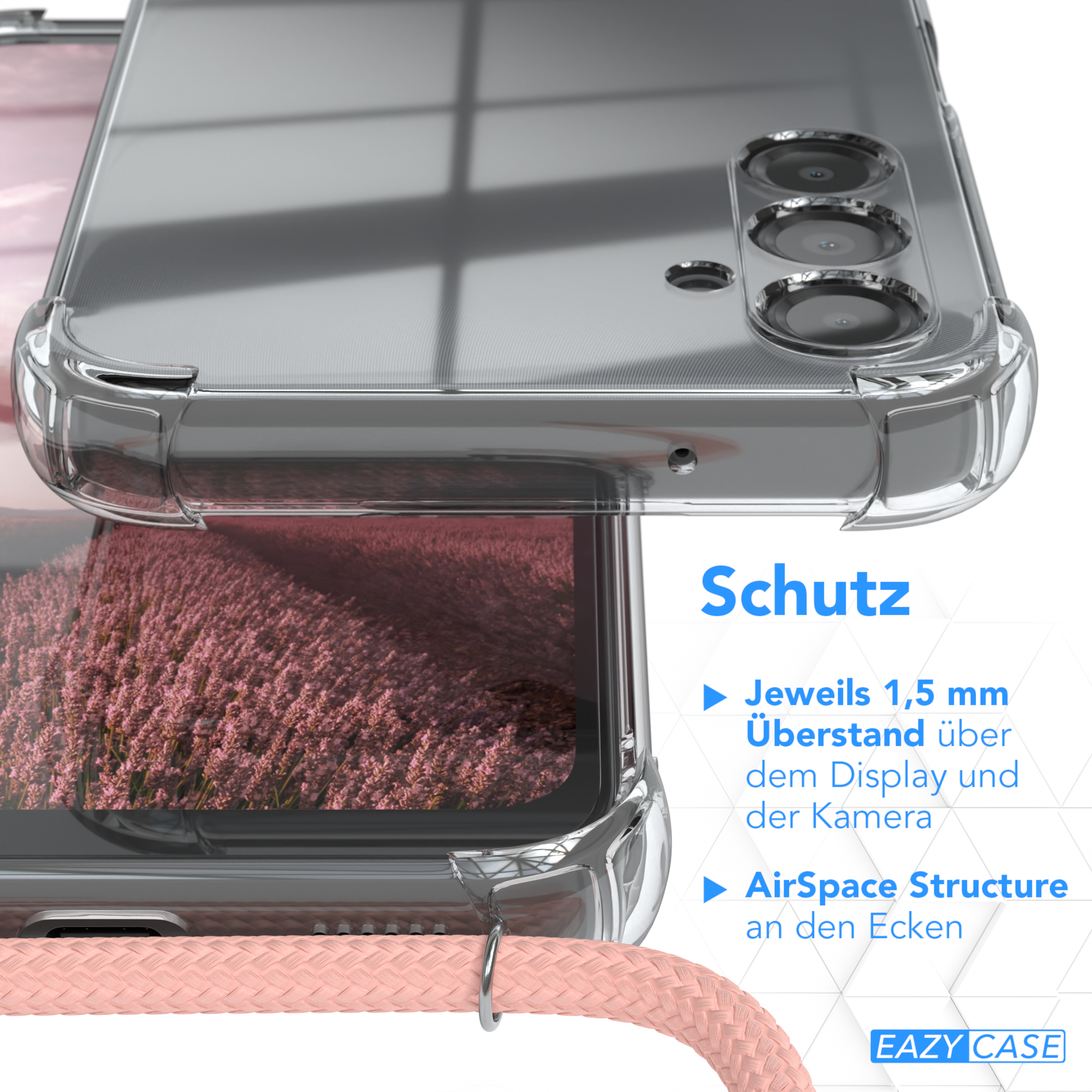 Nahaufnahme der Handyhülle mit Funktionen: 1,5 mm Displayüberstand, AirSpace-Struktur.