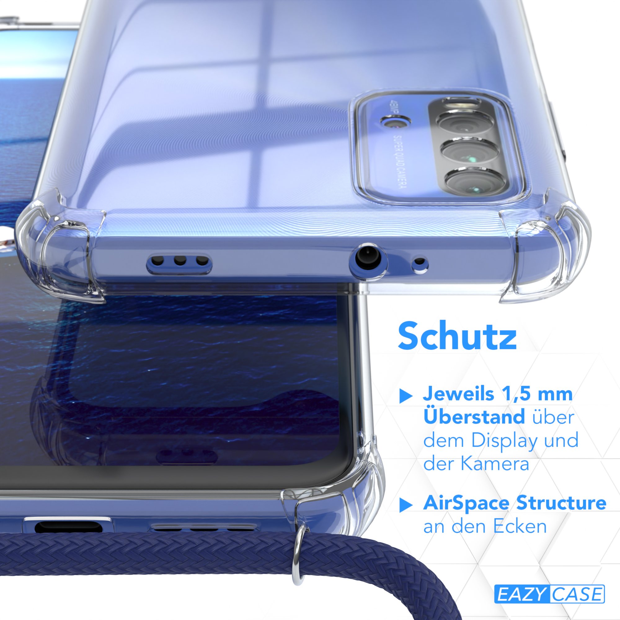 Nahaufnahme einer transparenten Handyhülle. Text: Schutz, AirSpace Structure, 1,5 mm Überstand. Eazy Case Logo.