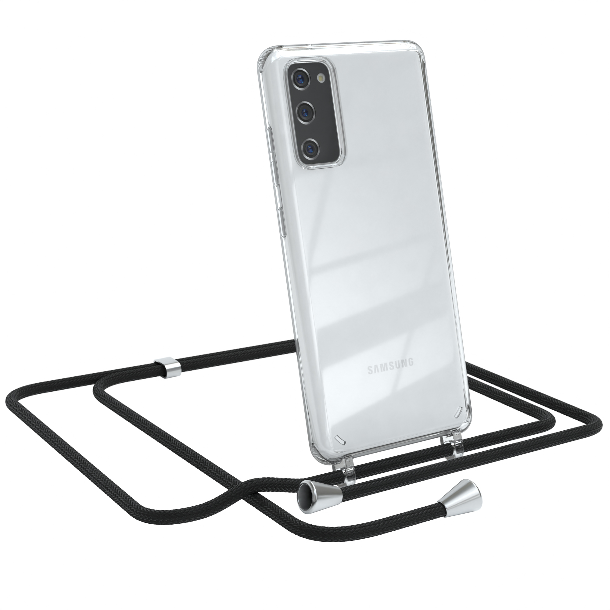 Transparente Handyhülle mit schwarzem Kabel. In der Hülle befindet sich ein Samsung-Handy. Telefon ist abgewinkelt.