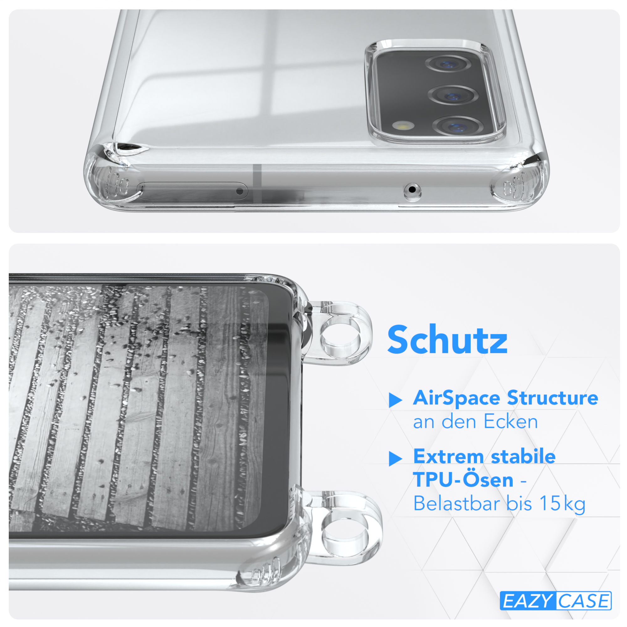 Transparente Handyhülle auf einem Telefon, mit Holzdeck-Hintergrund. Text zur Seite.