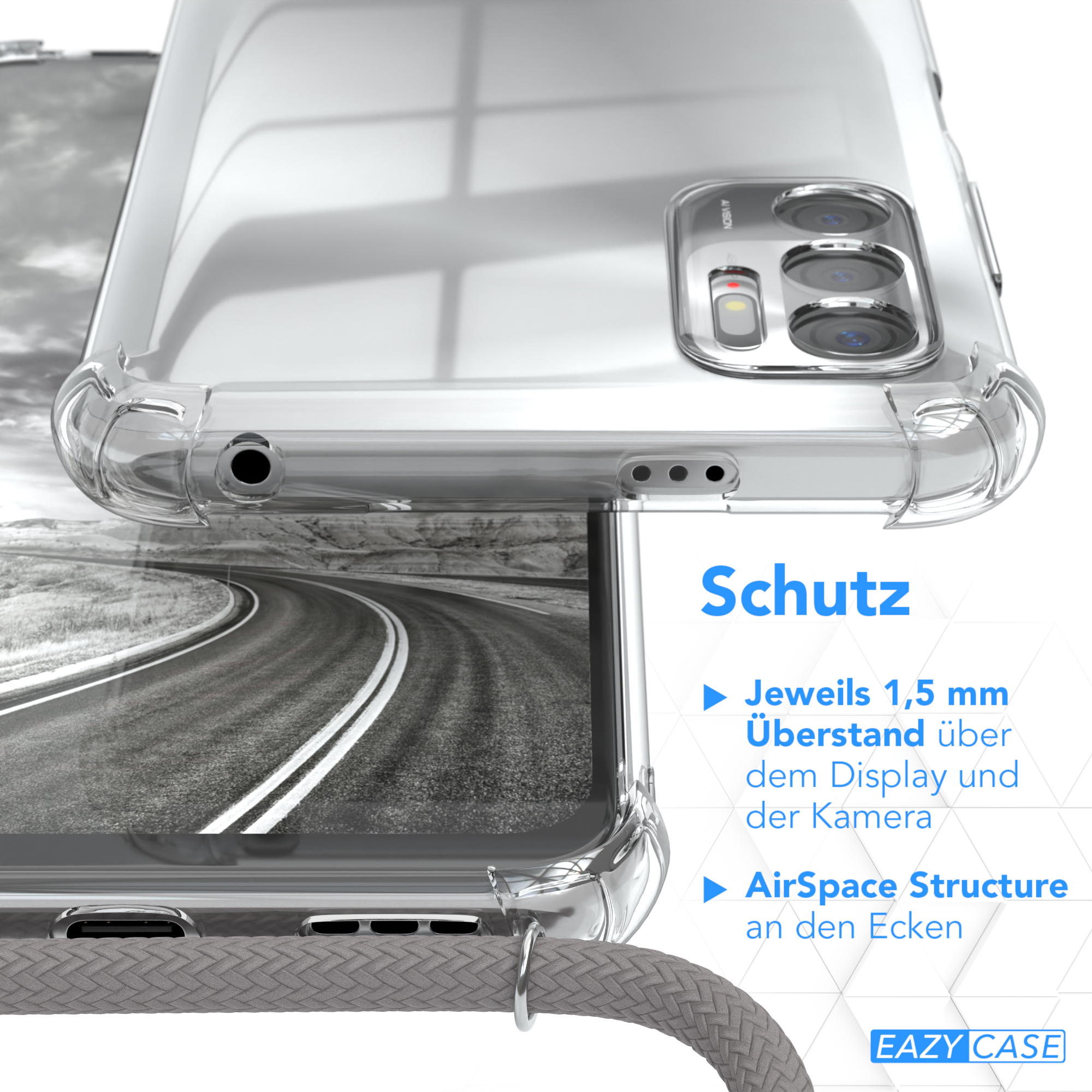 Transparente Handyhülle über einer Straße. Zeigt AirSpace Structure an den Ecken.