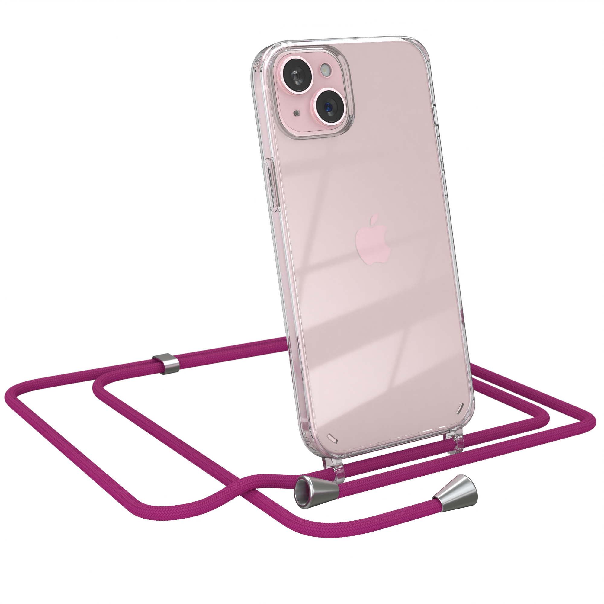 Ein iPhone in einer transparenten Hülle mit einem magentafarbenen Seil. Das Telefon ist abgewinkelt und dem Betrachter zugewandt.