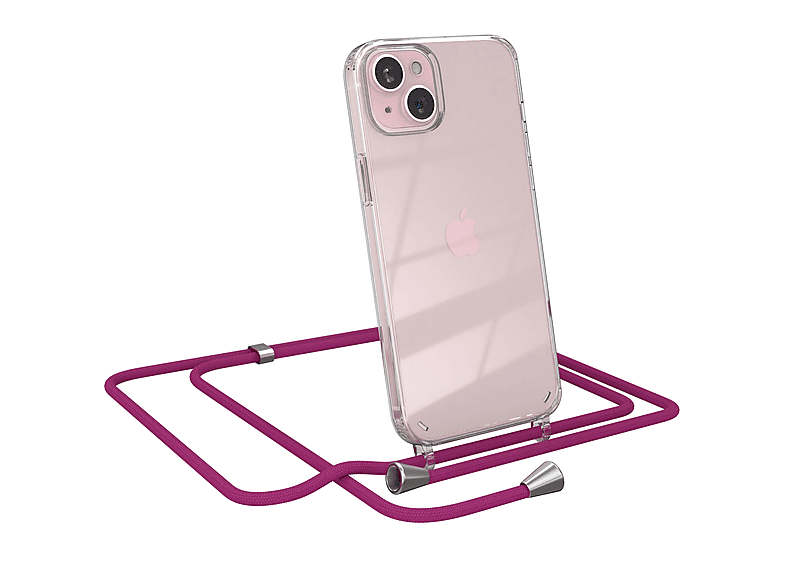 EAZY CASE Clear Cover mit Umhängeband, Umhängetasche, Apple, iPhone 15 Plus, Pink / Clips Silber