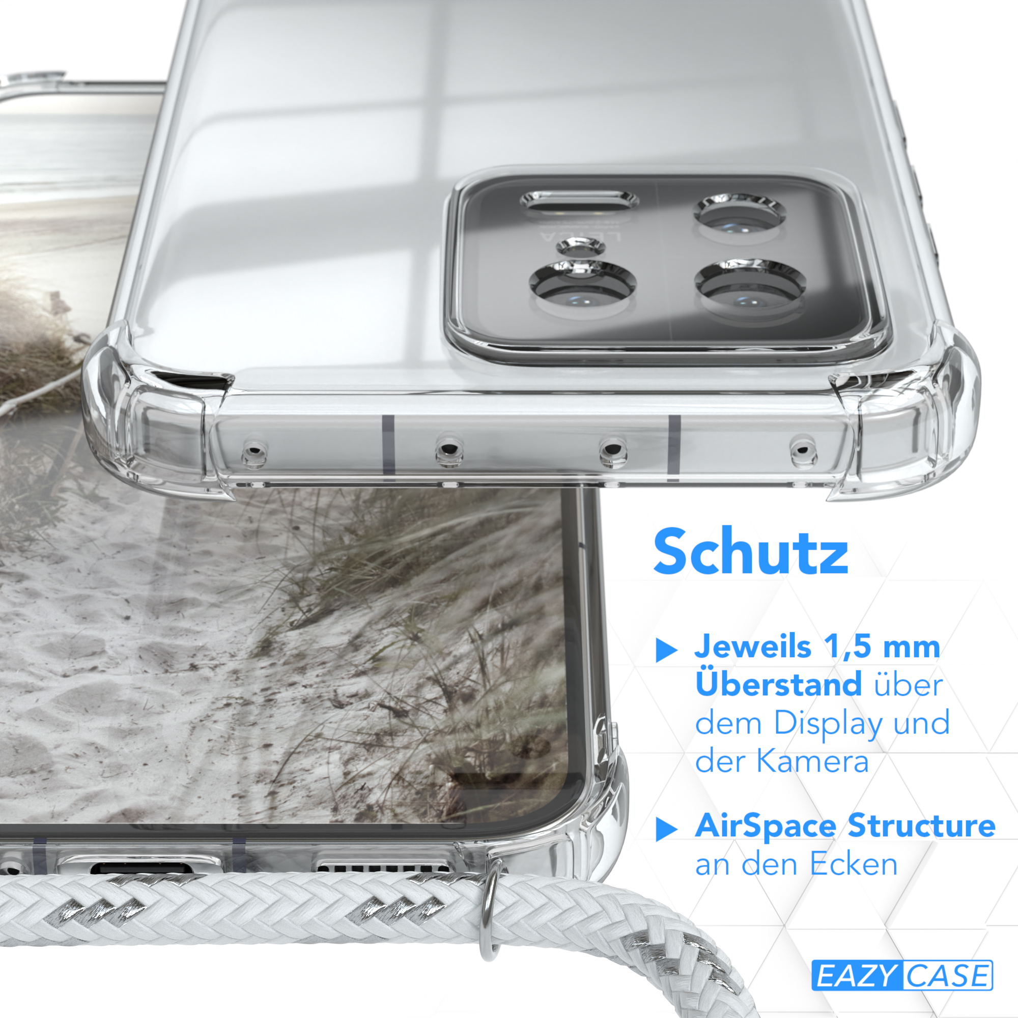 Transparente Handyhülle mit Strandszene, zeigt Schutzfunktionen. Text: Schutz. AirSpace-Struktur an den Ecken.