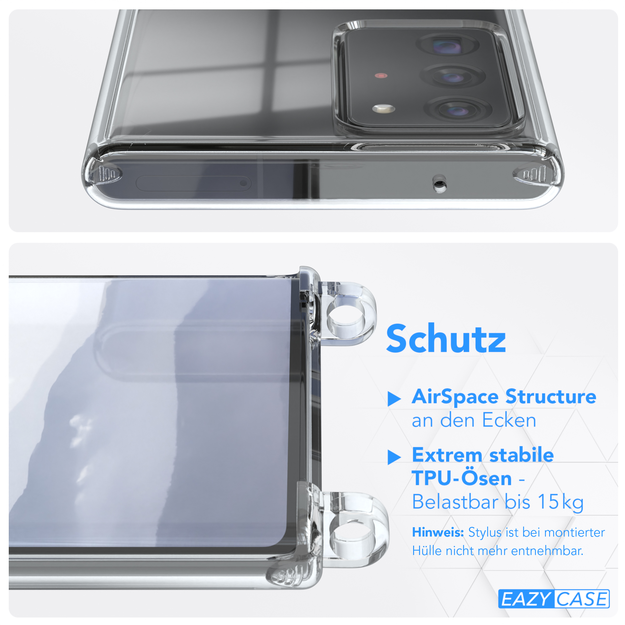Nahaufnahme einer durchsichtigen Handyhülle, Text: Schutz, AirSpace Structure, Eazy Case Logo.