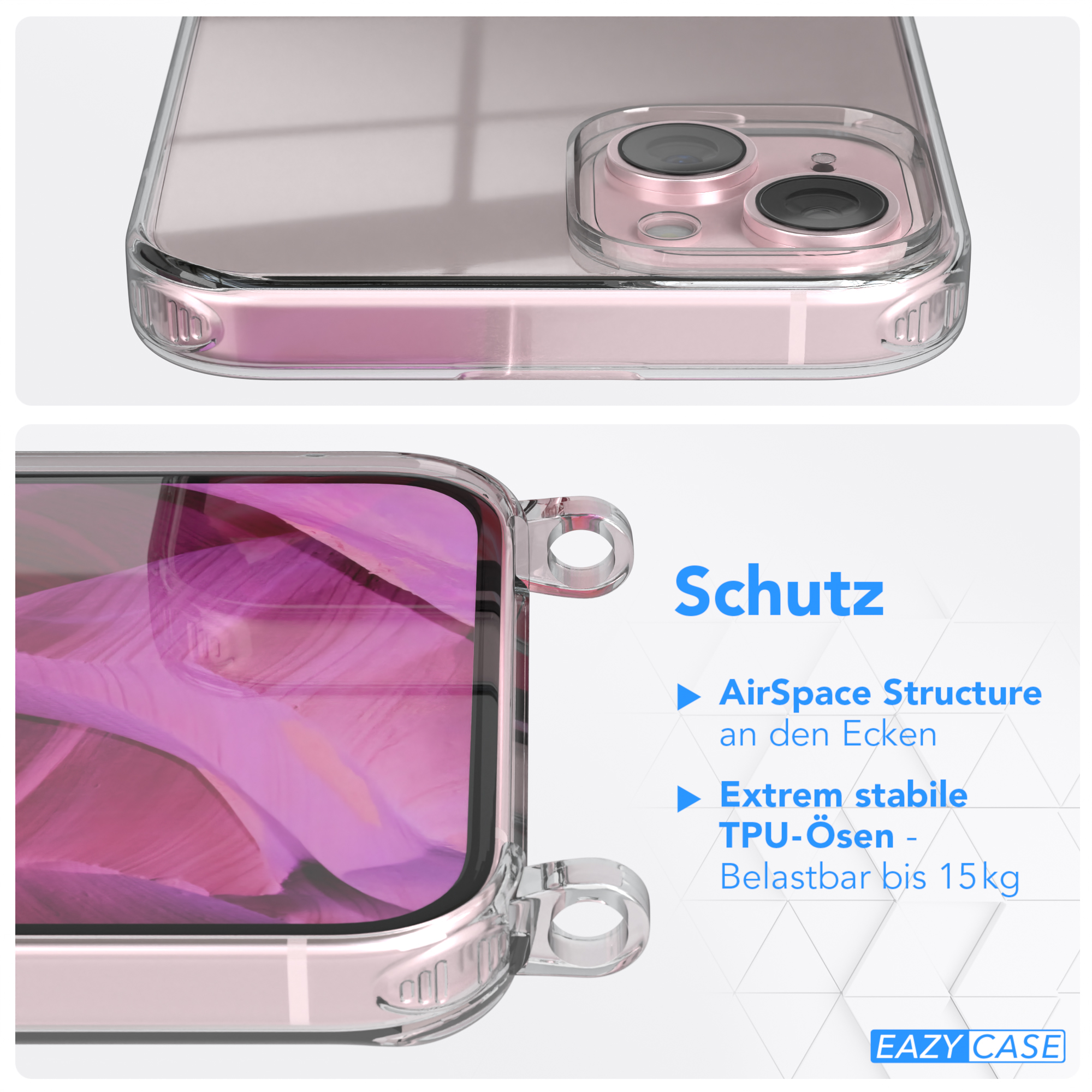 Pink EAZY Plus, Silber Apple, iPhone Cover Umhängeband, Clear Umhängetasche, mit / CASE 15 Clips