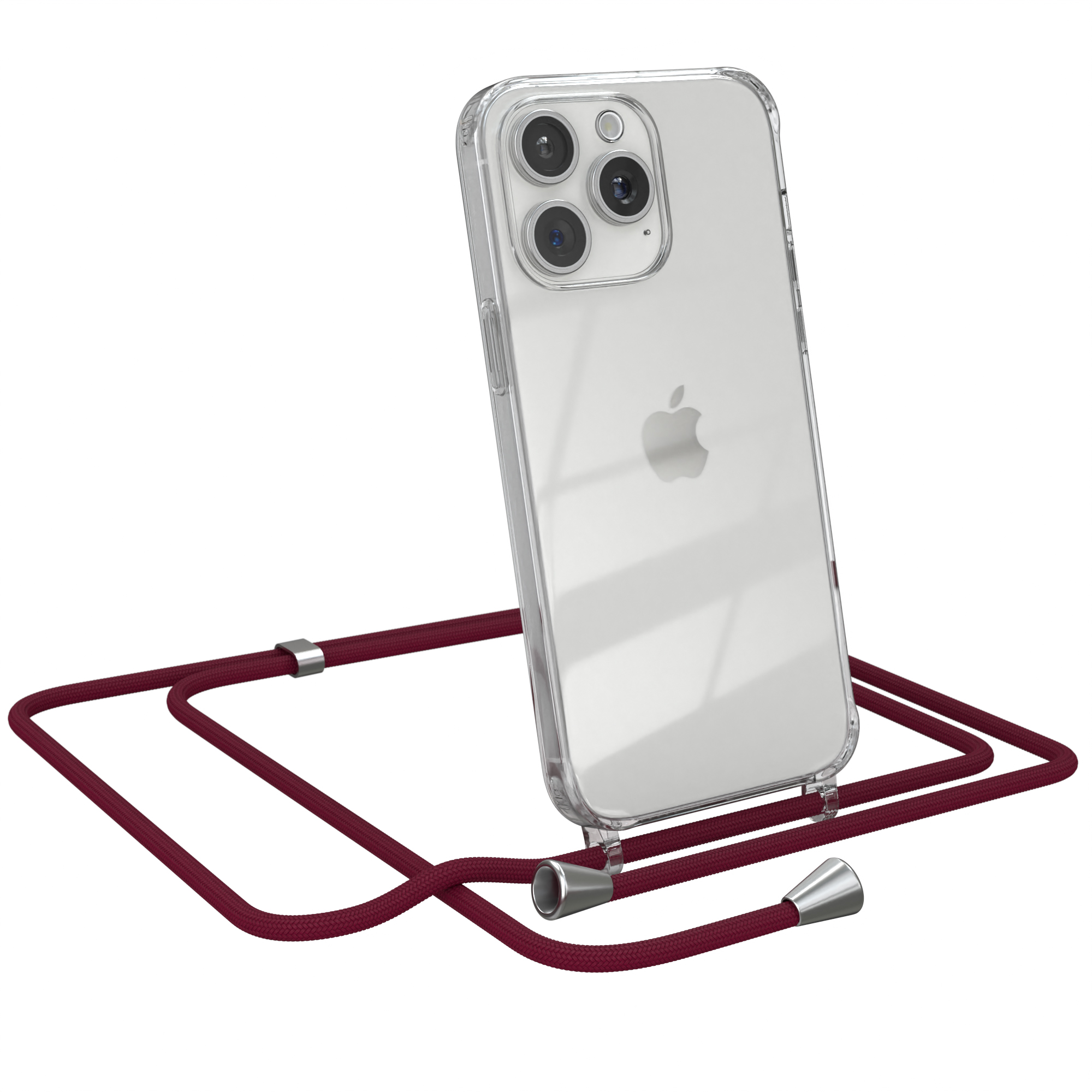 Silber CASE / Umhängeband, Clips Apple, EAZY Cover mit iPhone Umhängetasche, Rot Bordeaux Clear Pro 15 Max,