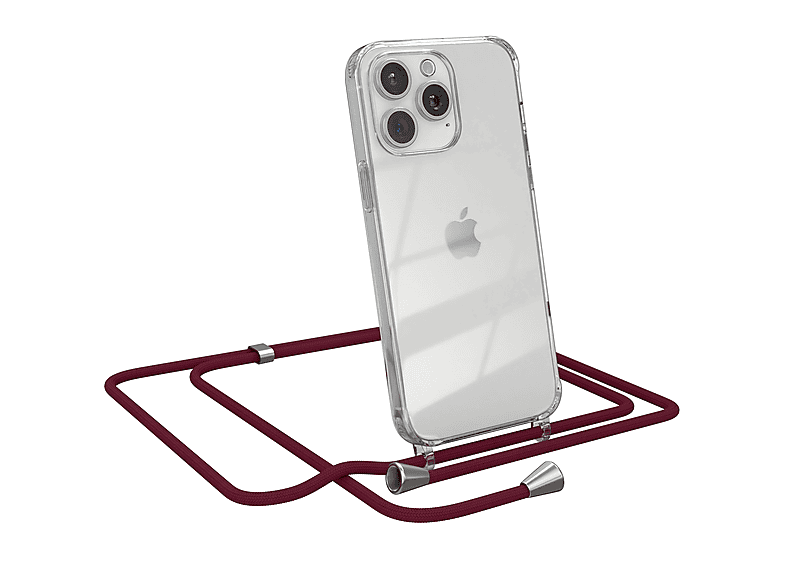 Silber CASE / Umhängeband, Clips Apple, EAZY Cover mit iPhone Umhängetasche, Rot Bordeaux Clear Pro 15 Max,