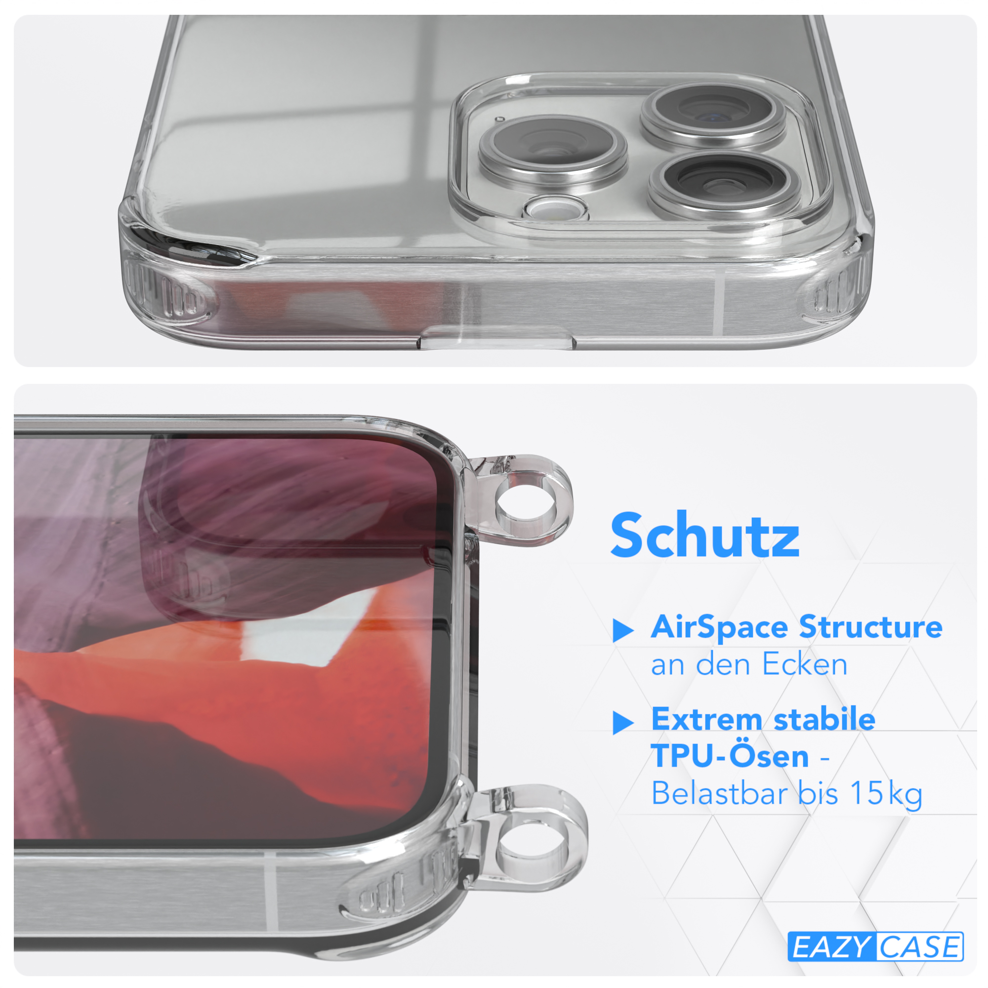 Nahaufnahme einer durchsichtigen Handyhülle. Text: AirSpace-Struktur an Ecken, stabile TPU-Ösen.