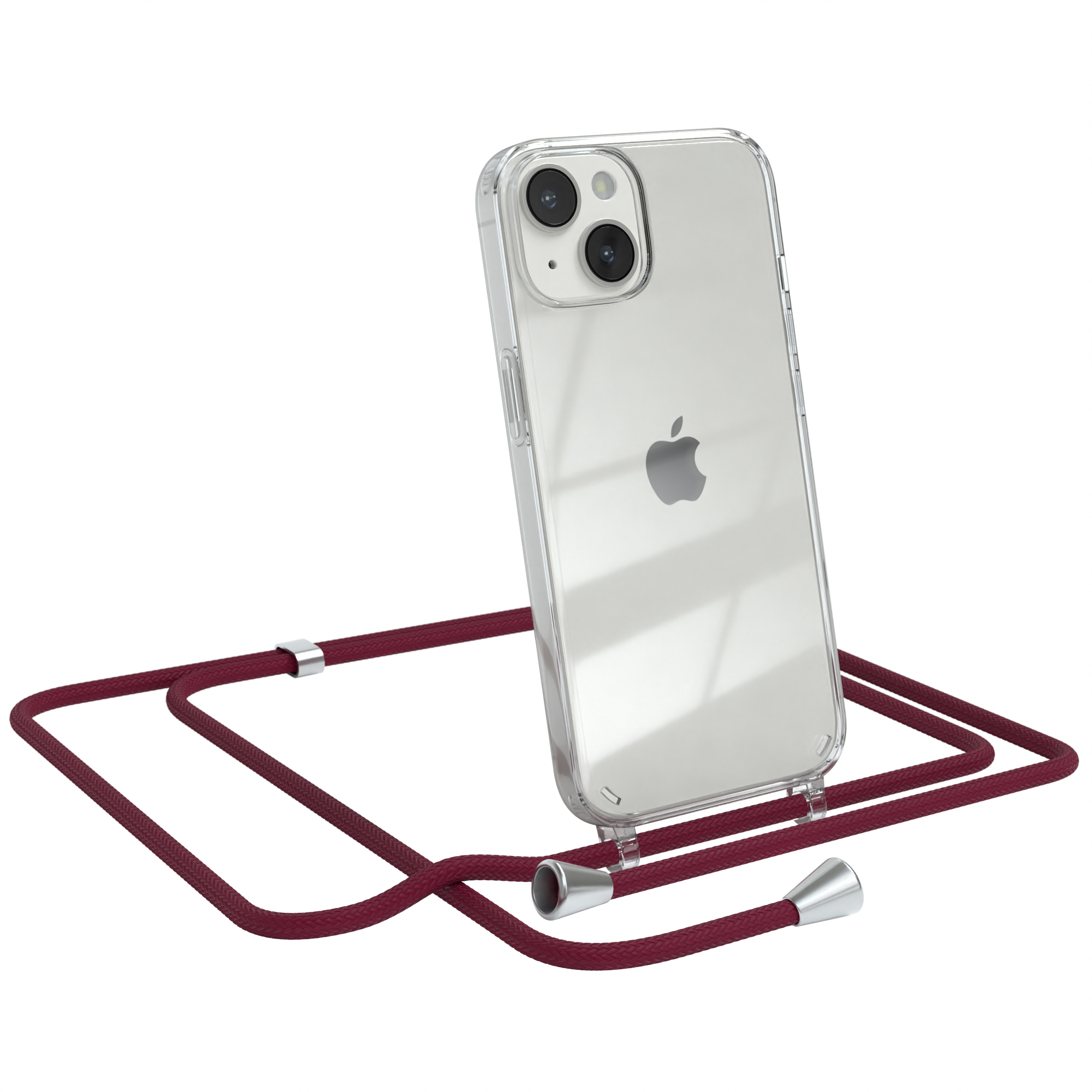 EAZY CASE Clear / Cover Umhängeband, iPhone mit Bordeaux 14, Rot Apple, Clips Umhängetasche, Silber