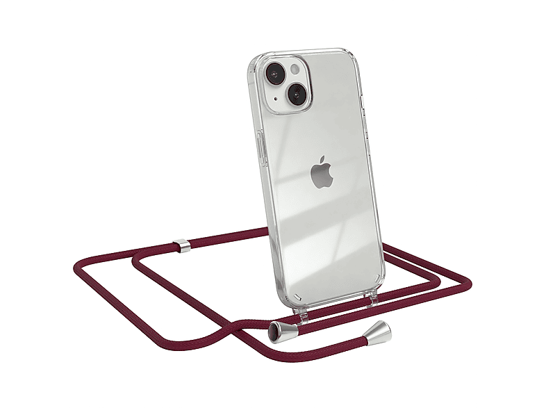 EAZY CASE Clear Cover mit Umhängeband, Umhängetasche, Apple, iPhone 14, Bordeaux Rot / Clips Silber