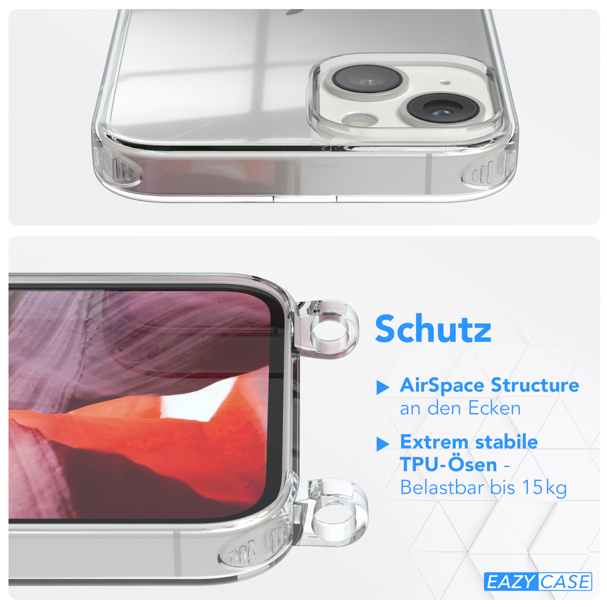 Nahaufnahme einer Handyhülle mit 'AirSpace Structure' und 'Extrem stabile TPU-Ösen'.