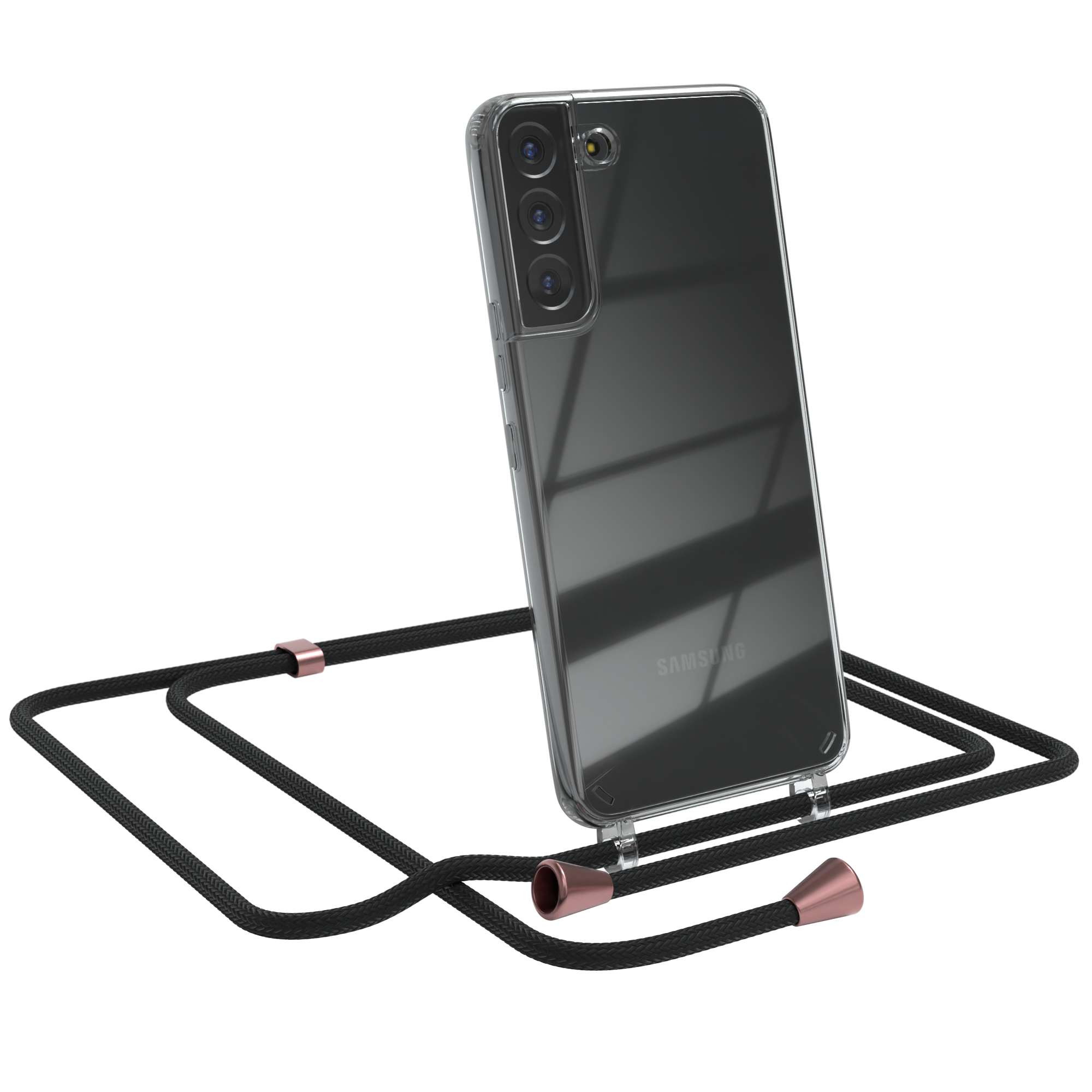 Transparente Handyhülle mit schwarzem Kabel und roségoldfarbenen Akzenten. In der Hülle befindet sich ein Samsung-Handy.