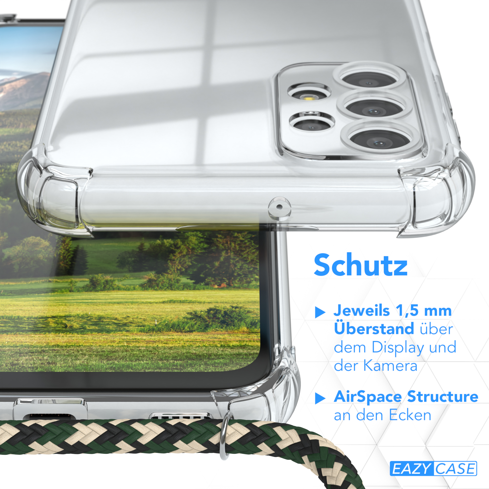 Transparente Handyhülle mit verstärkten Ecken. Nahaufnahme, zeigt Designmerkmale der Hülle.