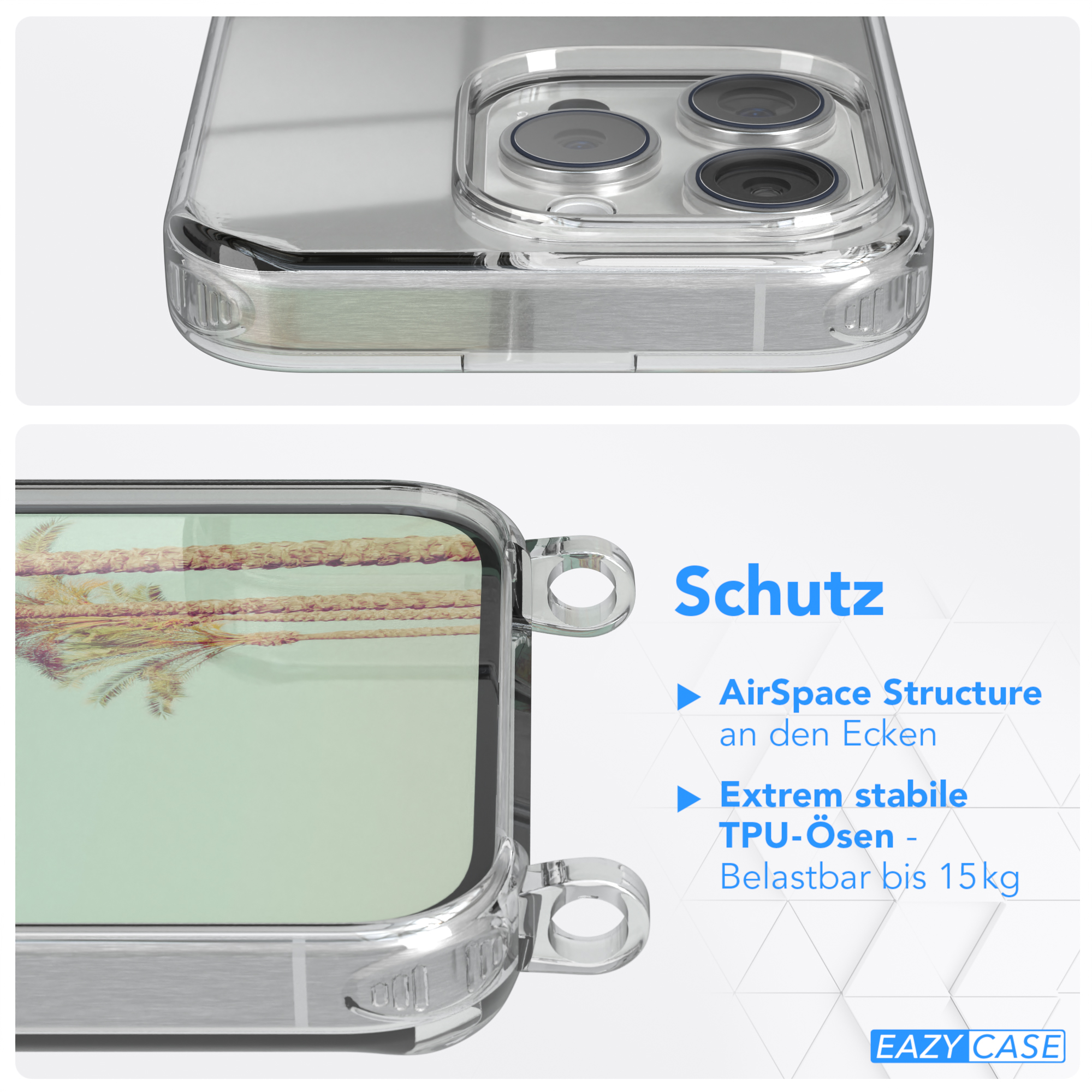Nahaufnahme einer transparenten Handyhülle mit Text über Schutz. AirSpace-Struktur und TPU-Ösen.