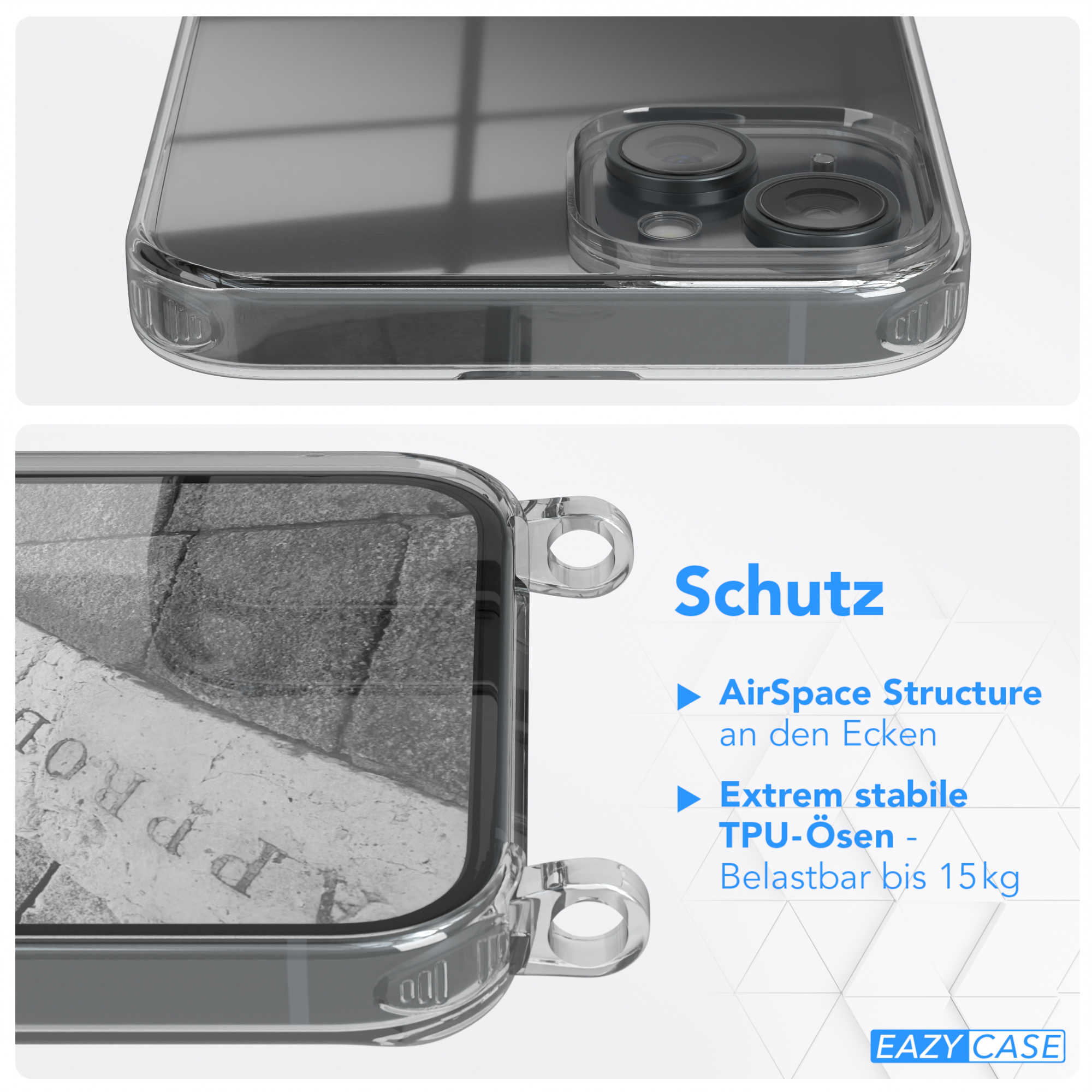 EAZY CASE Clear Cover mit Plus, Umhängeband, Umhängetasche, Anthrazit 15 Apple, iPhone