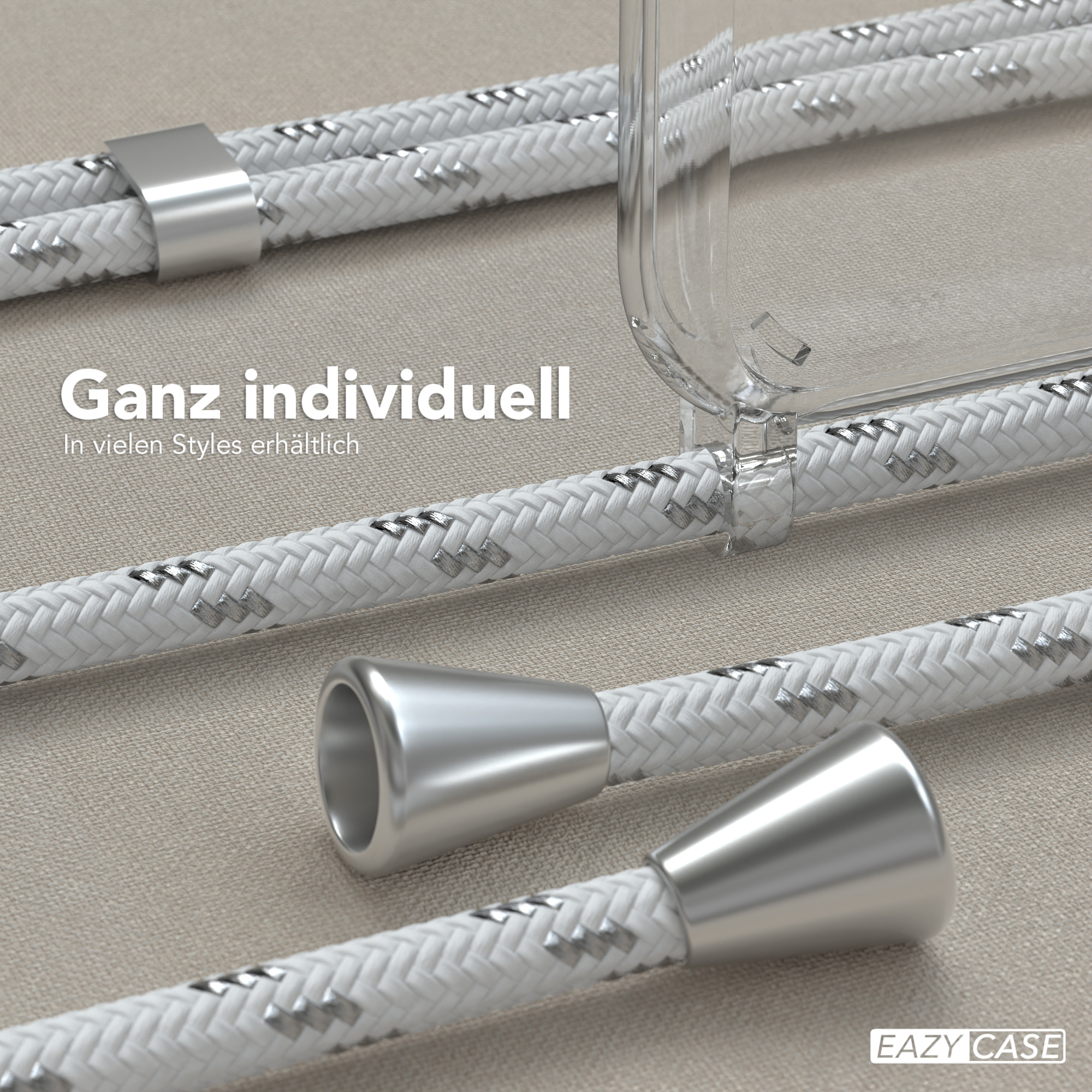 Nahaufnahme einer Handyhülle mit weiß-silbernem Band. Silberne Hardware sichtbar.