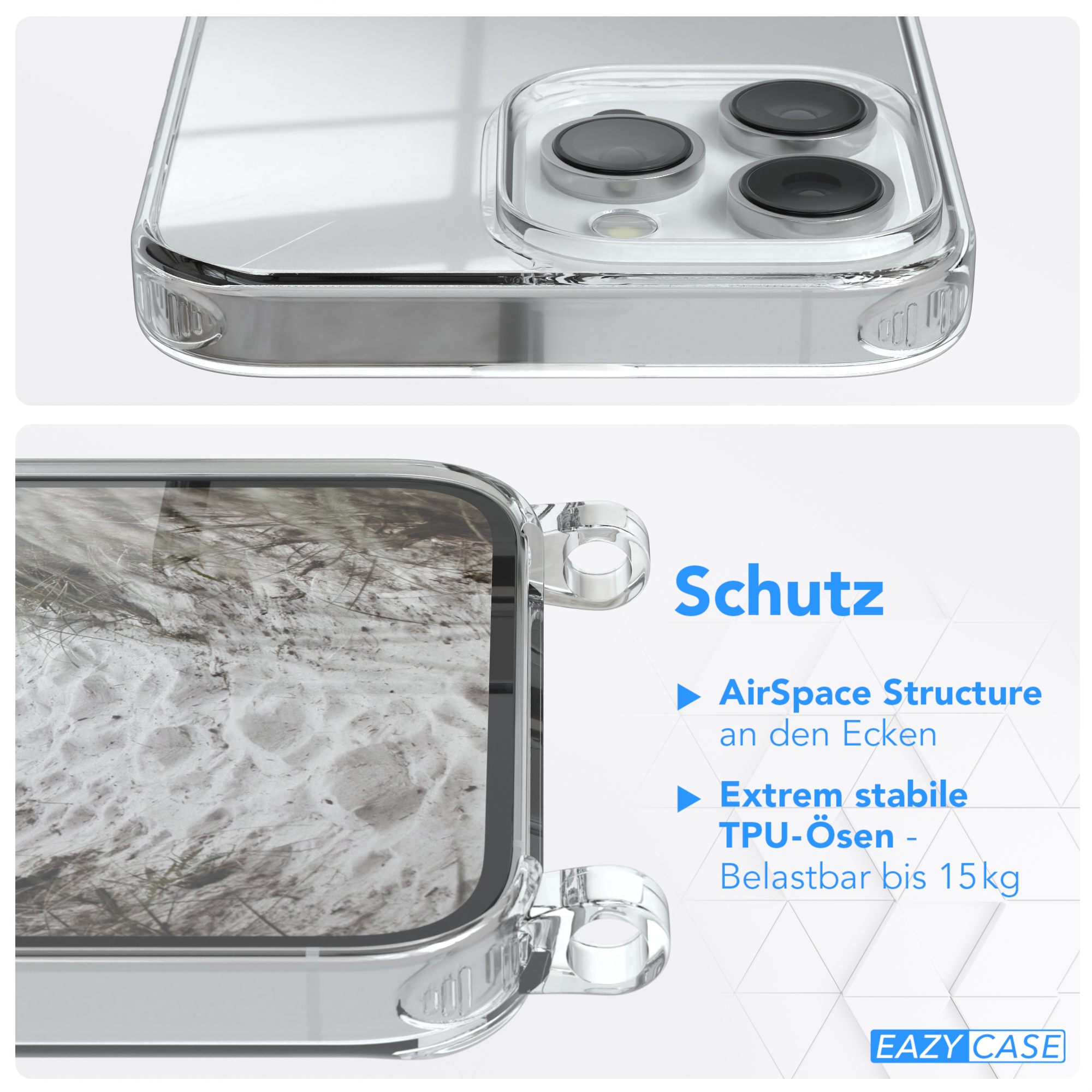 Ein klares Handycase wird gezeigt. Text: Schutz. Das Case hat Funktionen wie AirSpace Structure.