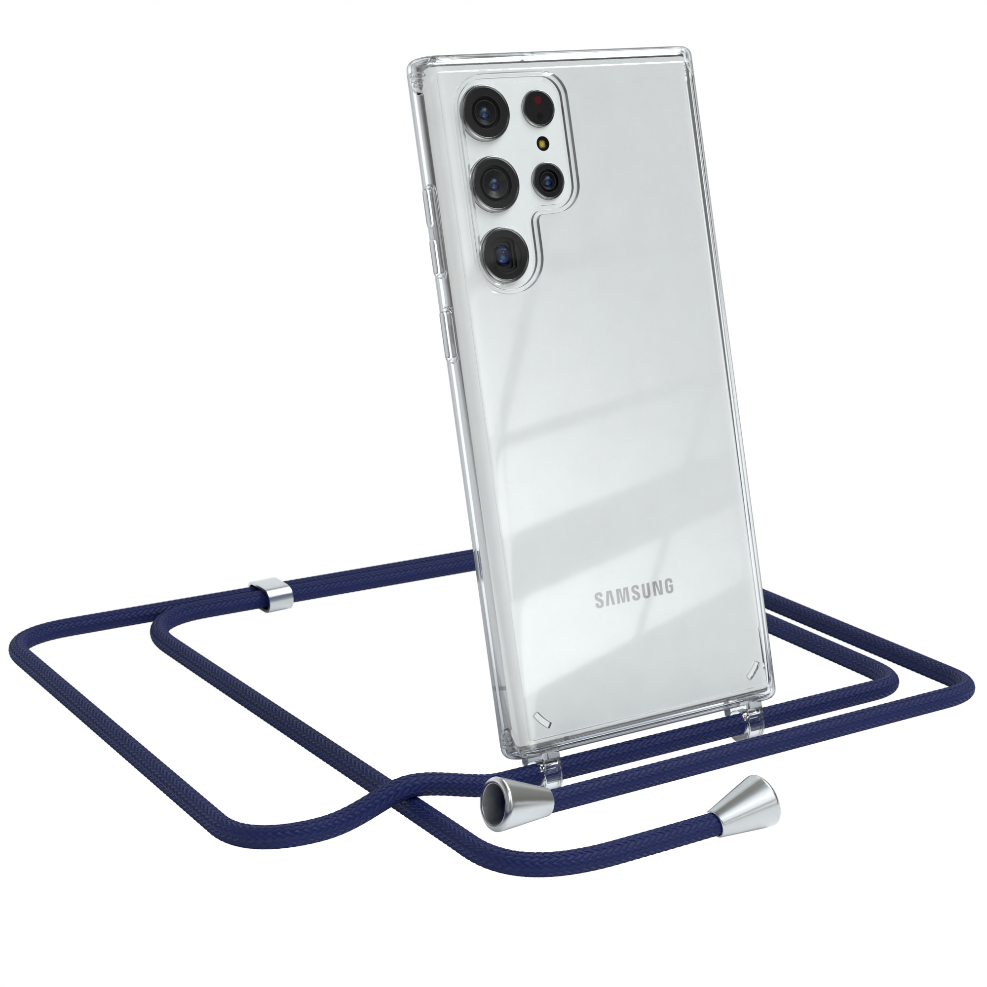 Transparente Handyhülle mit dunkelblauem Band. Samsung-Logo sichtbar. Silberakzente. Weißer Hintergrund.