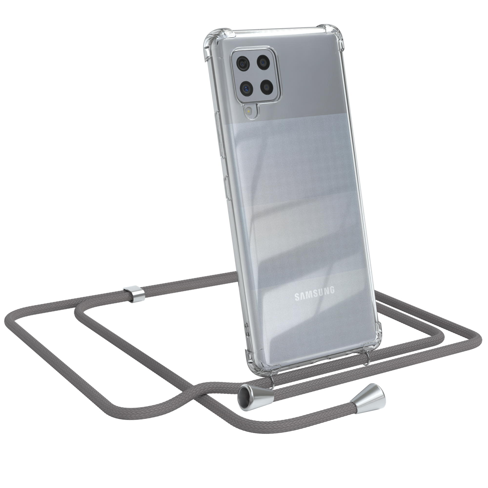 Transparente Handyhülle mit grauem Band. Samsung-Telefon sichtbar. Weißer Hintergrund.
