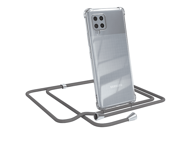 EAZY CASE Clear Cover mit Umhängeband, Umhängetasche, Samsung, Galaxy A42 5G, Grau / Clips Silber