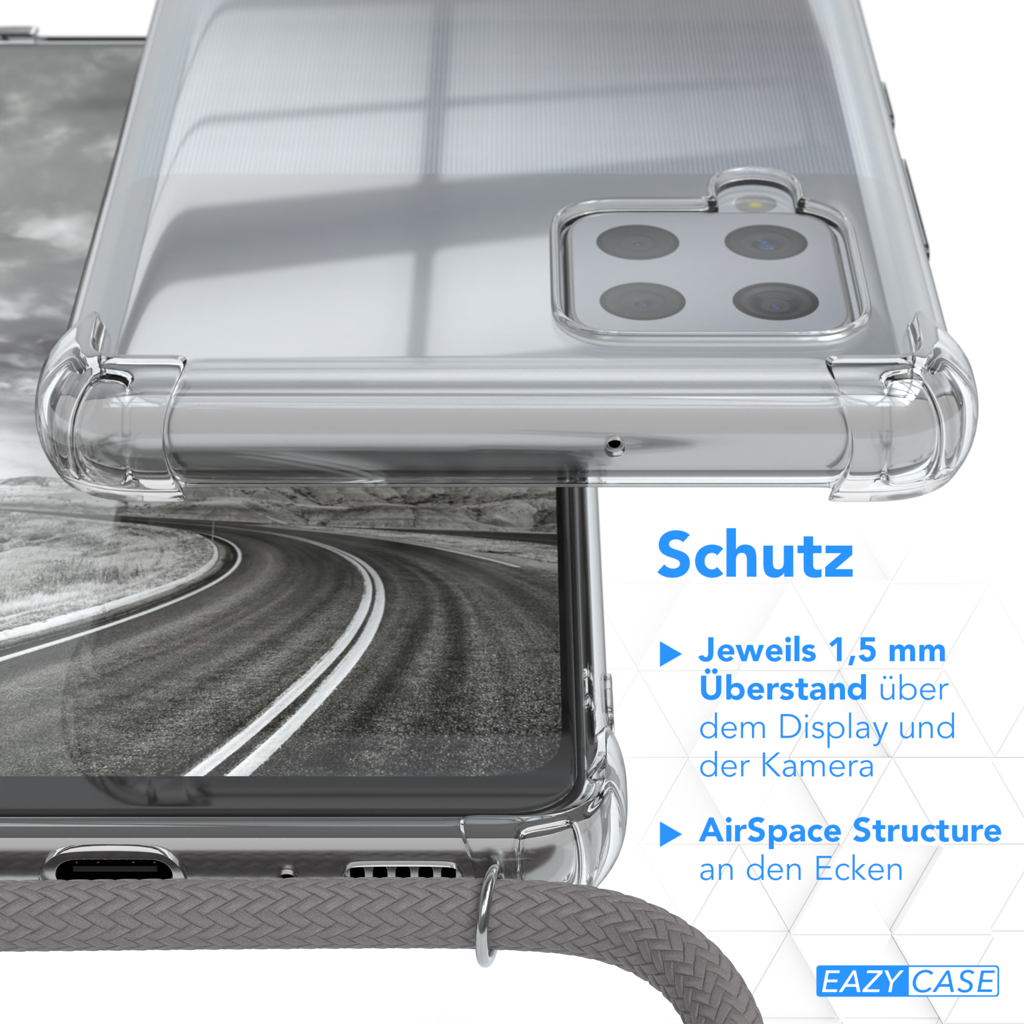 Clear Cover CASE Umhängetasche, Galaxy 5G, mit Grau Umhängeband, A42 Silber Clips EAZY / Samsung,