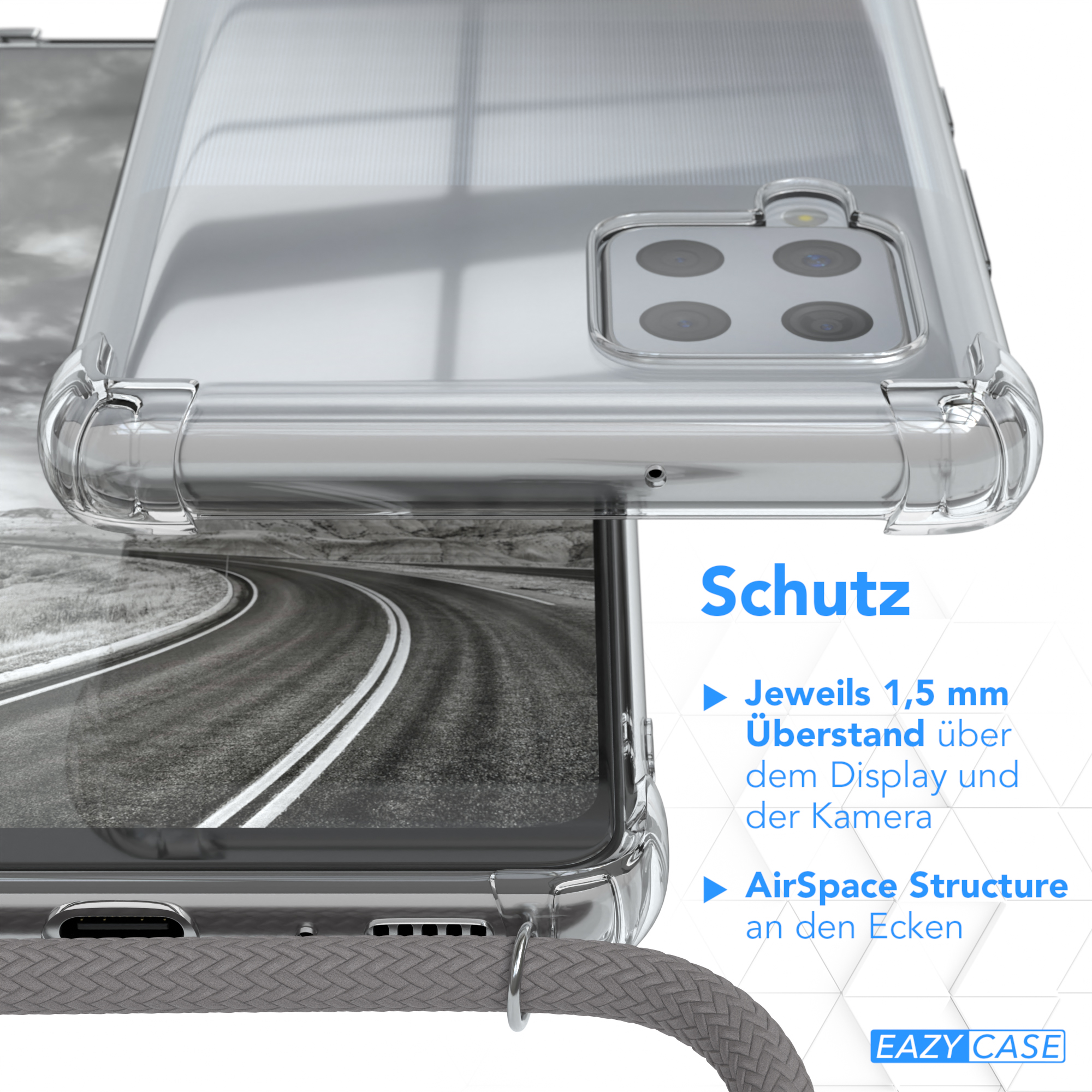 Ein Telefon in einer transparenten Hülle, und die Hüllendetails werden hervorgehoben.