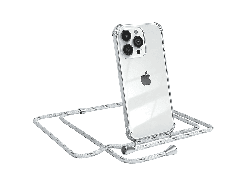 EAZY CASE Clear Cover mit Umhängeband, Umhängetasche, Apple, iPhone 13 Pro, Weiß / Clips Silber | Handyketten