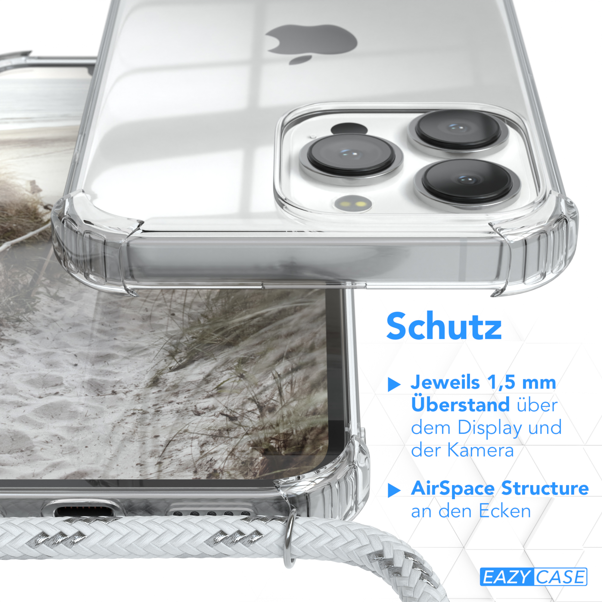 Transparente Handyhülle mit Text, Nahaufnahme eines Handys. Die Hülle zeigt ein Apple-Logo und Details.