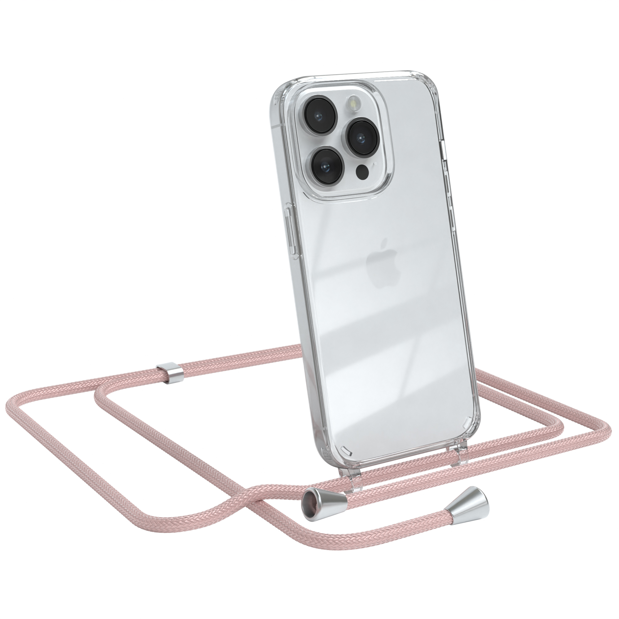 Transparente Handyhülle mit rosa Band, Marke Apple. Weißer Hintergrund.