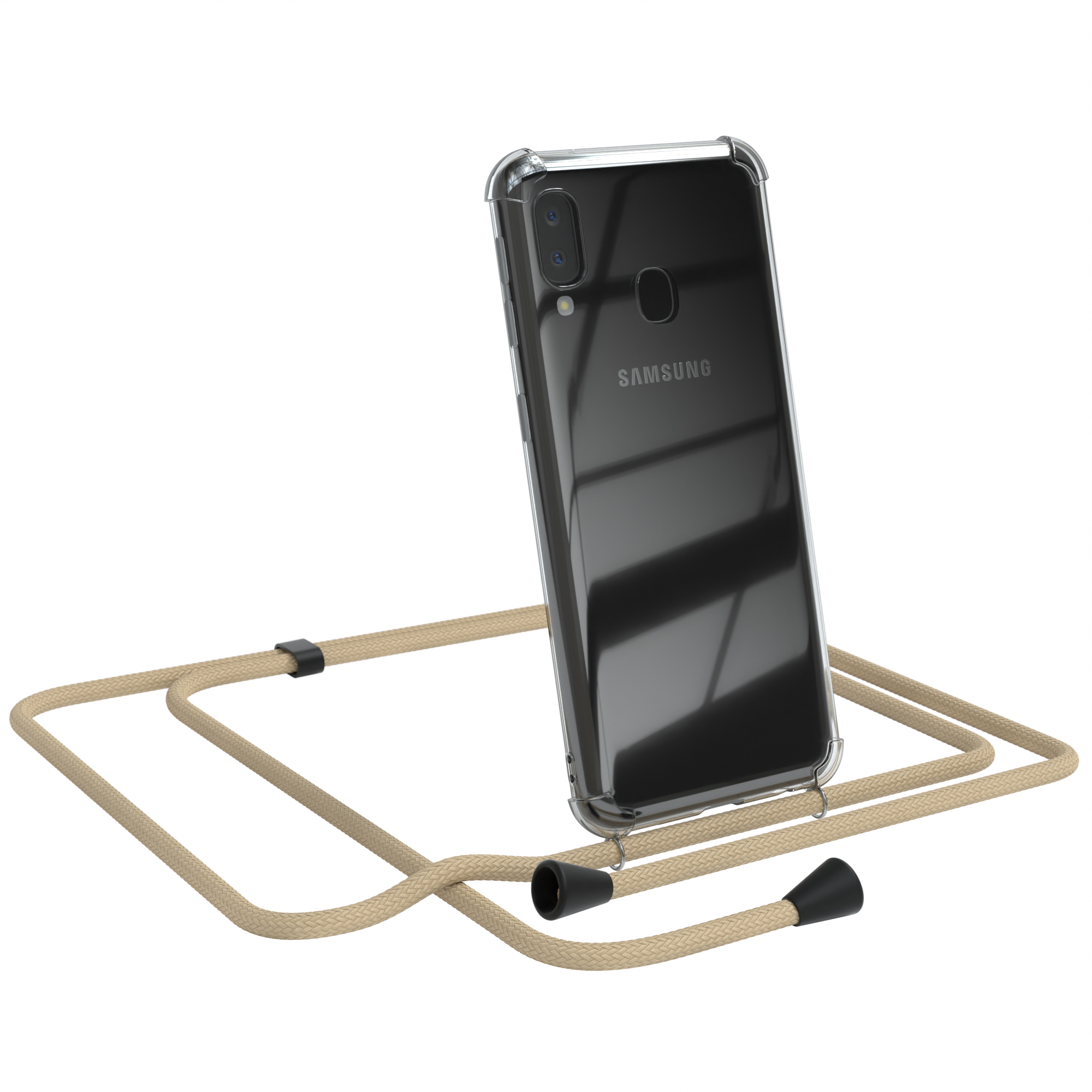 Schwarzes Samsung-Telefon in durchsichtiger Hülle mit beigem Umhängeband.