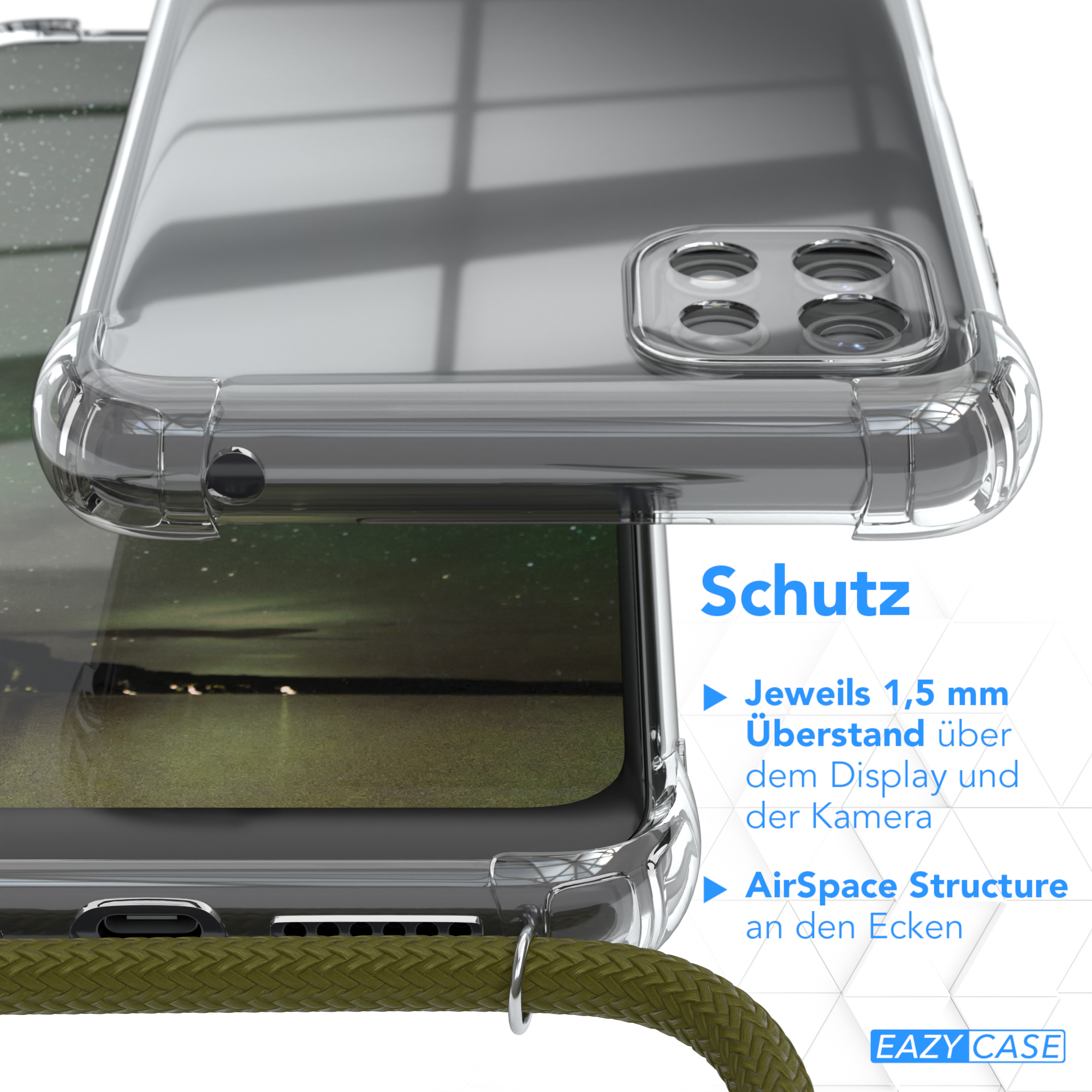 Nahaufnahme einer durchsichtigen Handyhülle mit grünem Lanyard-Detail und dem Wort 'Schutz'.