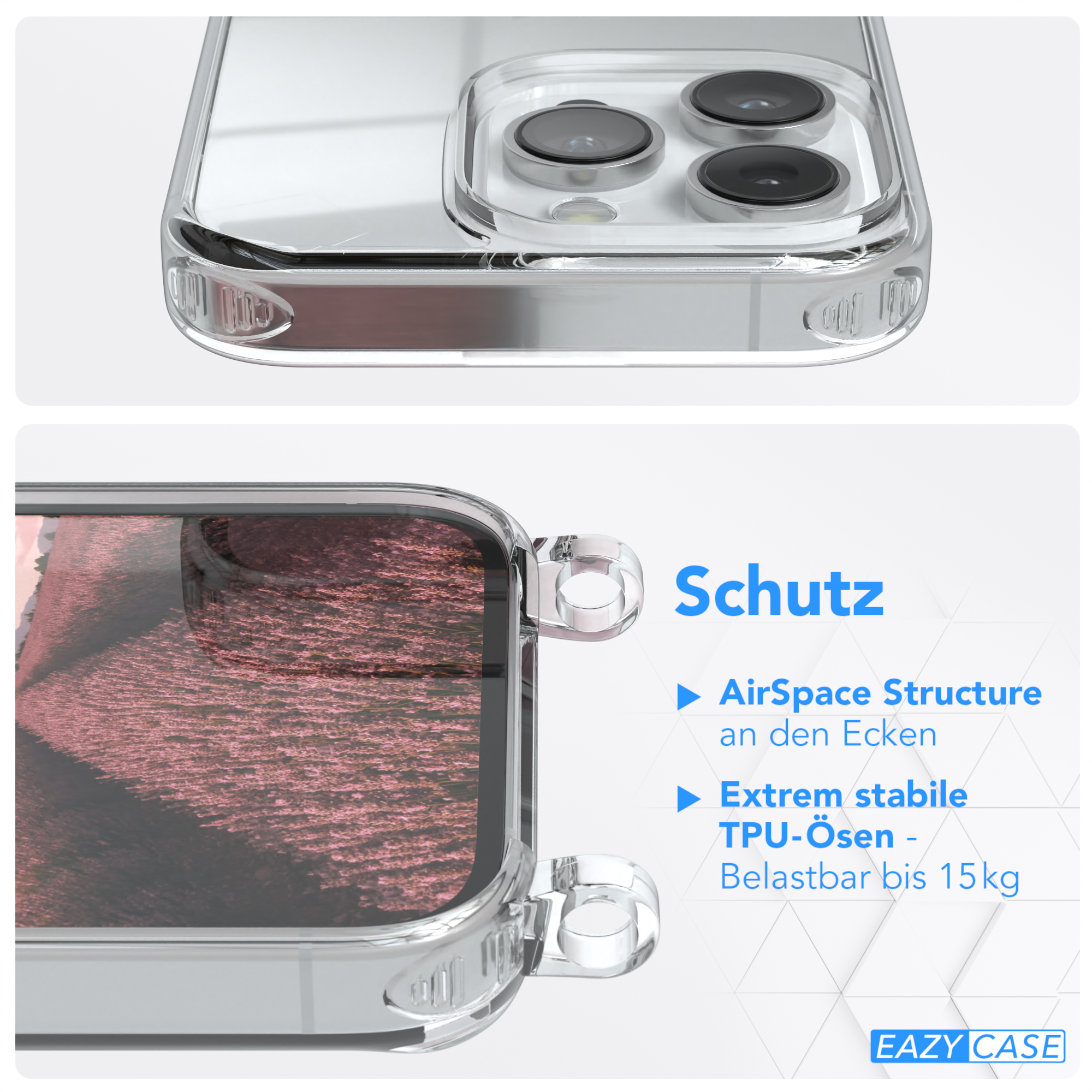 Nahaufnahme einer transparenten Handyhülle mit einem Telefon darin. Merkmale Schutzdetails.